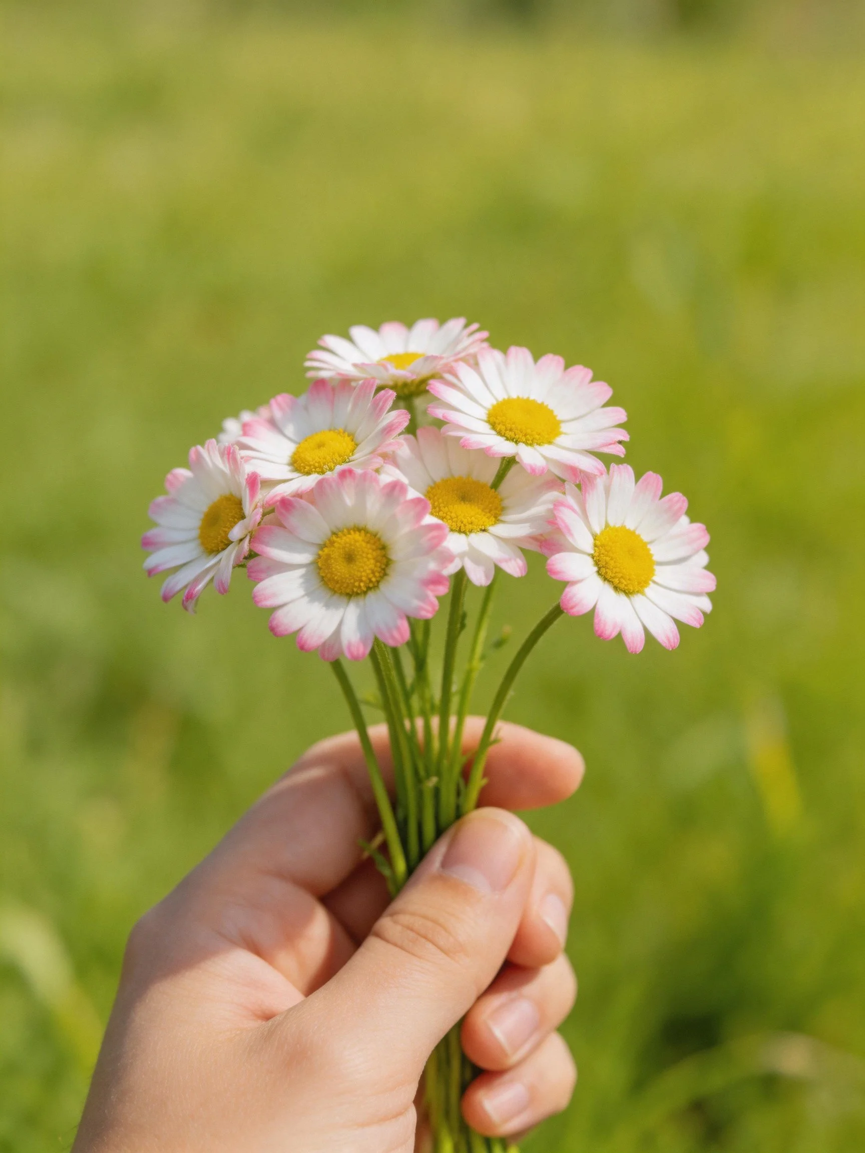 A hand holds a cluster of pink-edged daisies with yellow centers