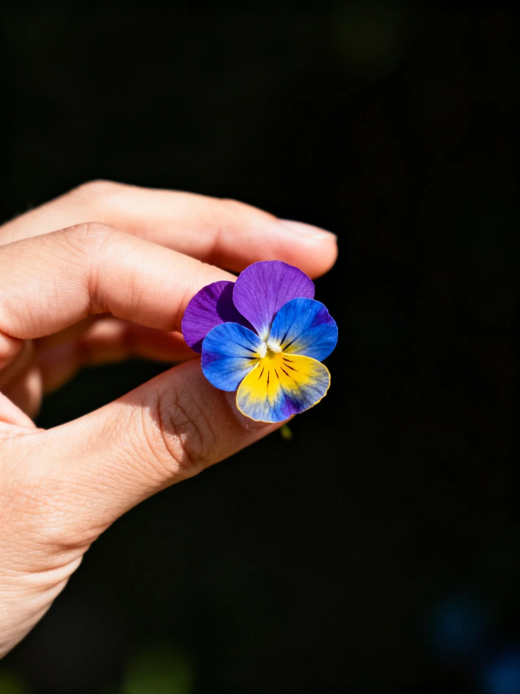 A hand holds a vibrant pansy with purple, blue, and yellow petals