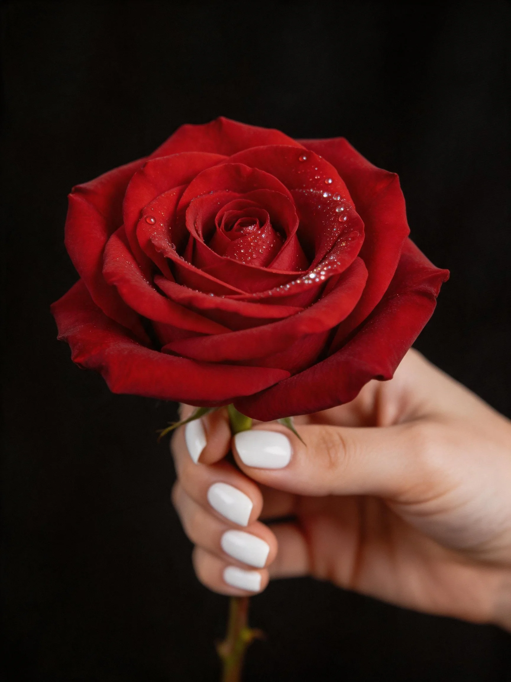 A hand holds a vibrant red rose with dewdrops