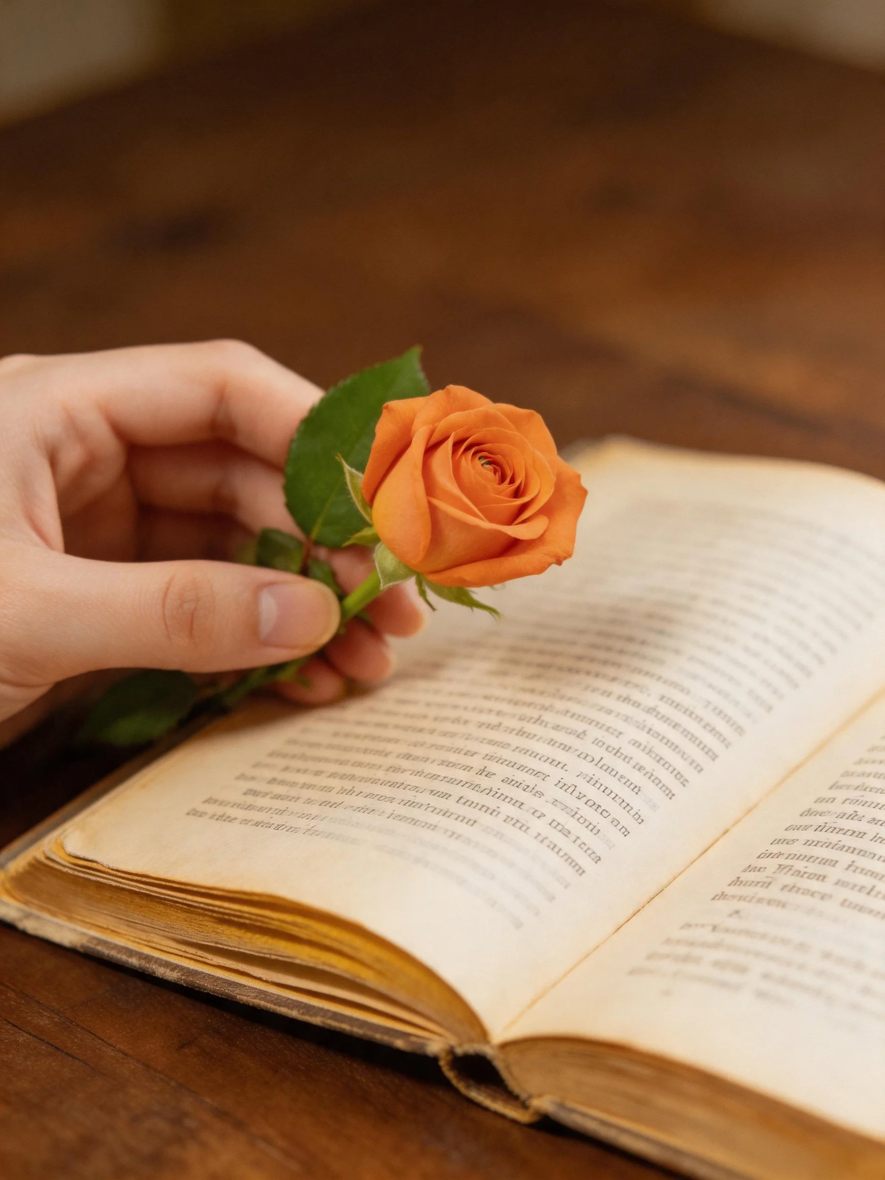 A hand holds an orange rose over an aged open book
