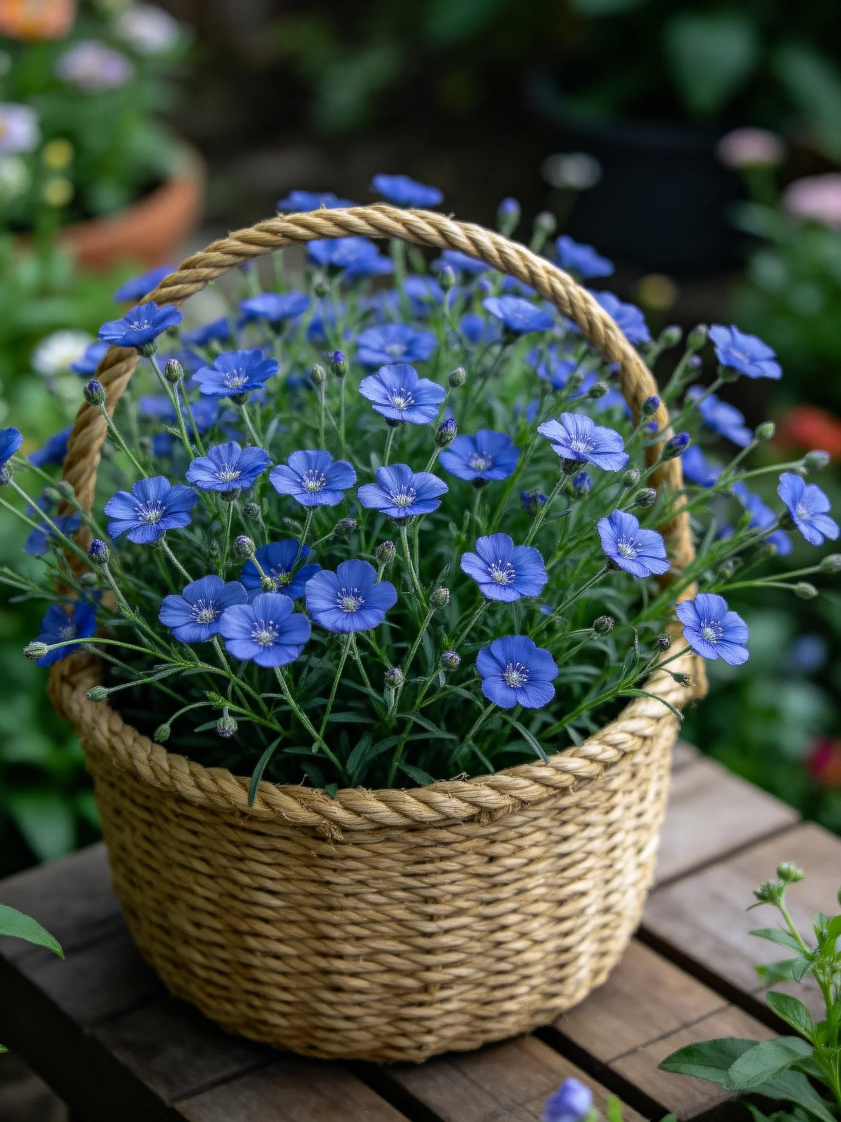 A handwoven basket brimming with vibrant blue flowers on wooden planks