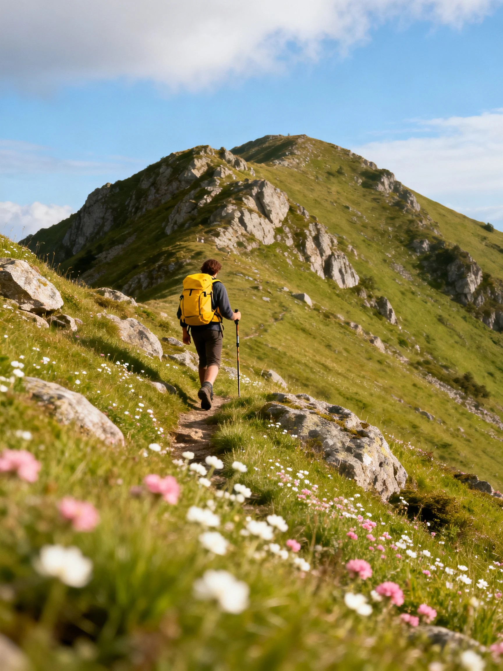 A hiker with a bright yellow backpack walks a rocky mountain trail amid wildflowers
