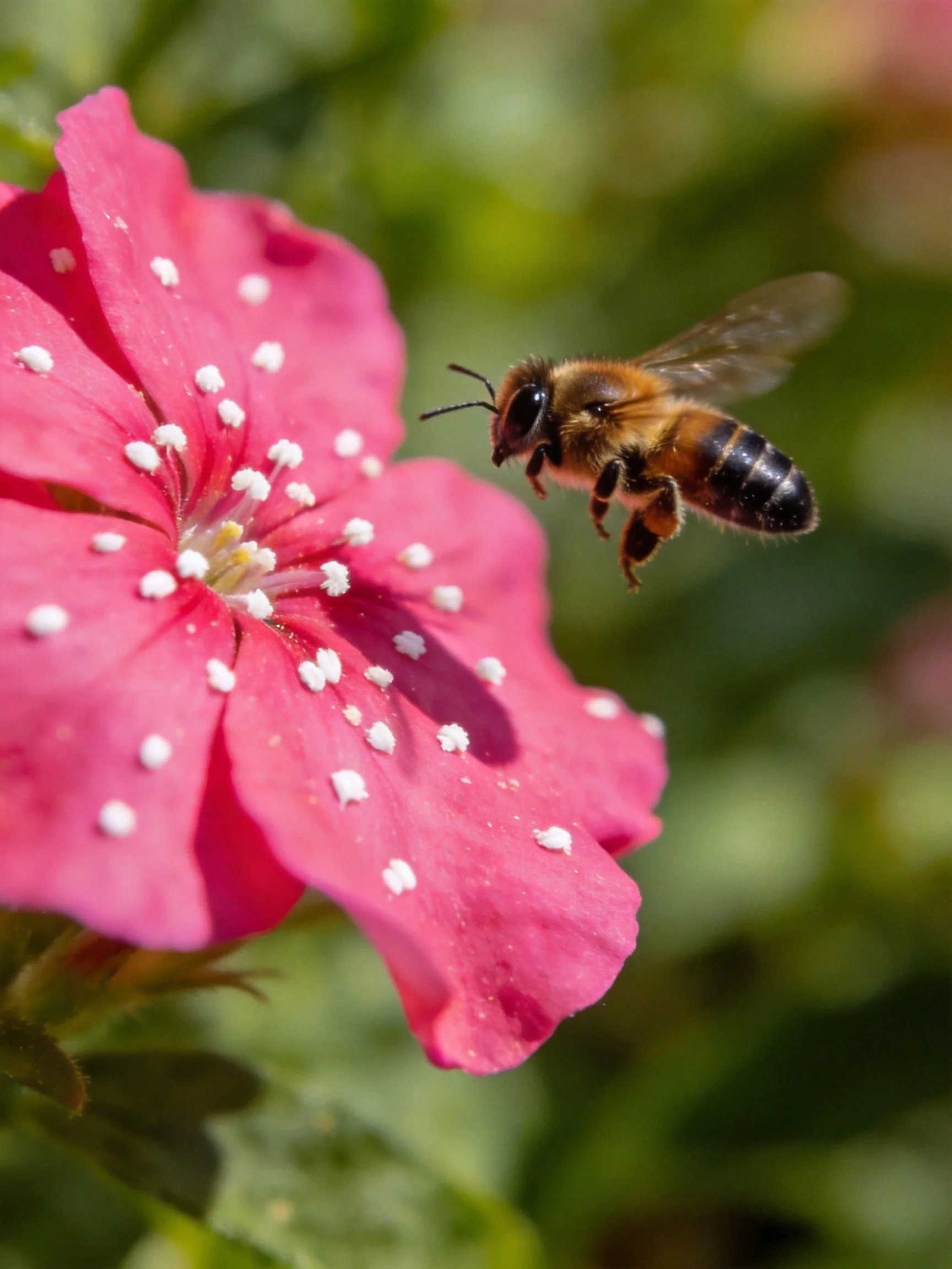 A honeybee approaching a vibrant pink flower with white specks