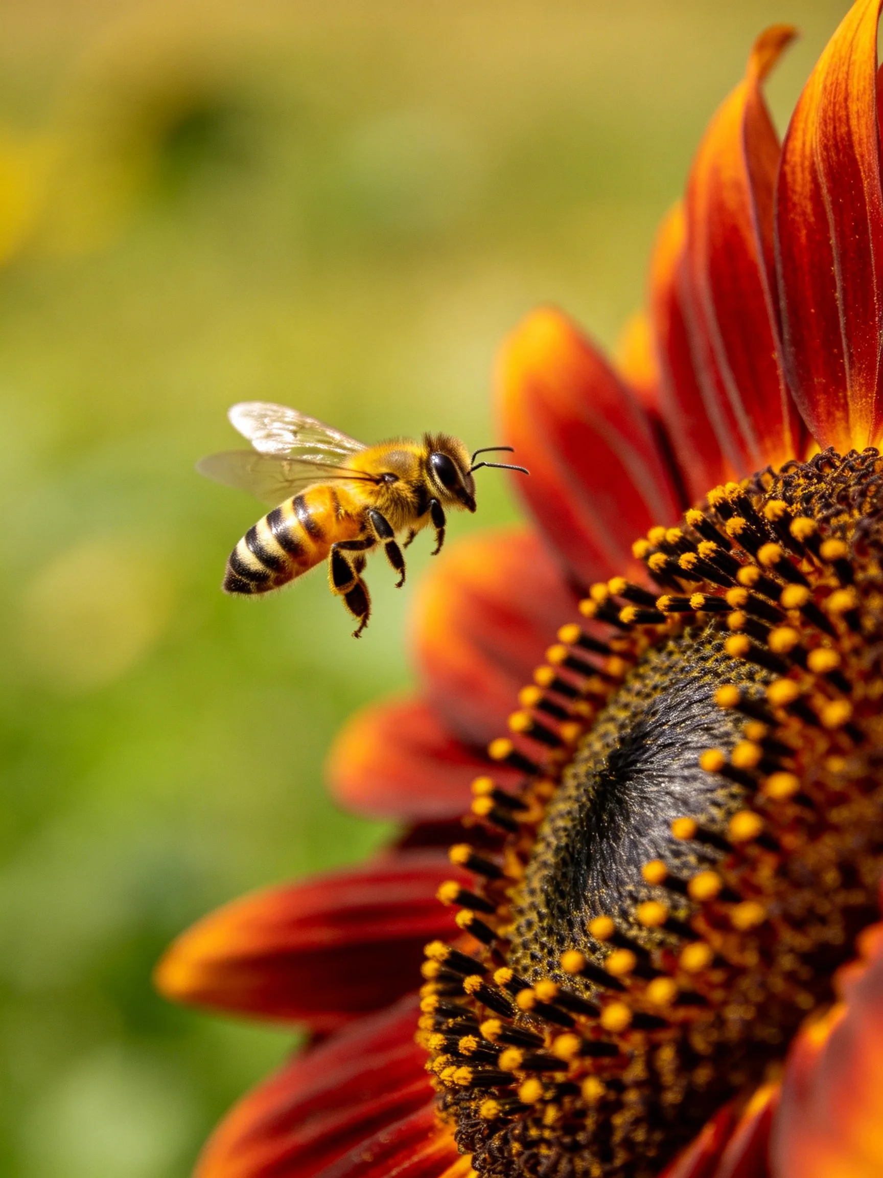 A honeybee approaching a vibrant red-orange sunflower