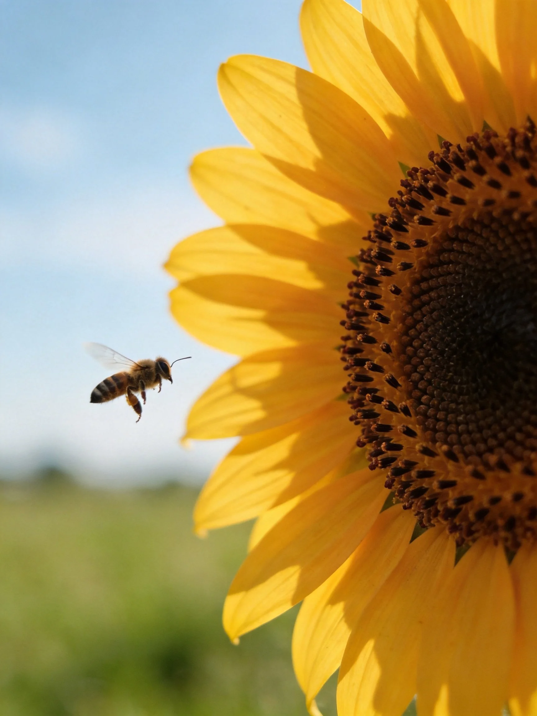 A honeybee approaching a vibrant sunflower under a clear blue sky