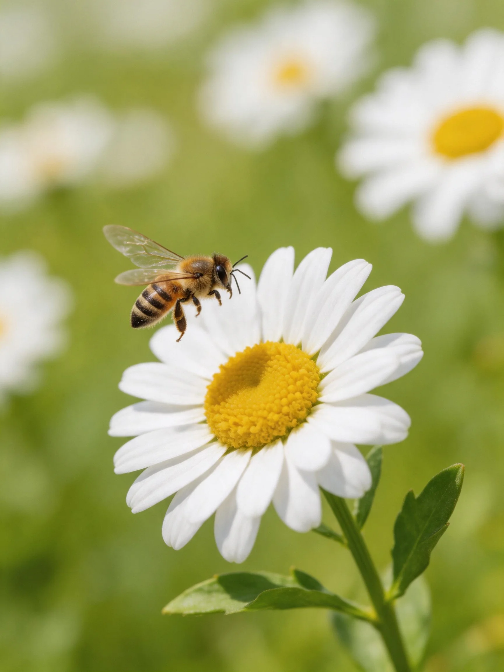 A honeybee approaching a white daisy with yellow center