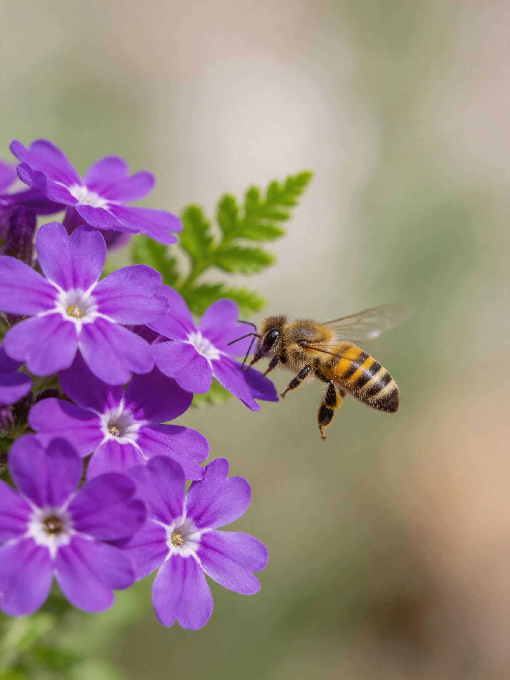 A honeybee approaching vibrant purple flowers with green foliage