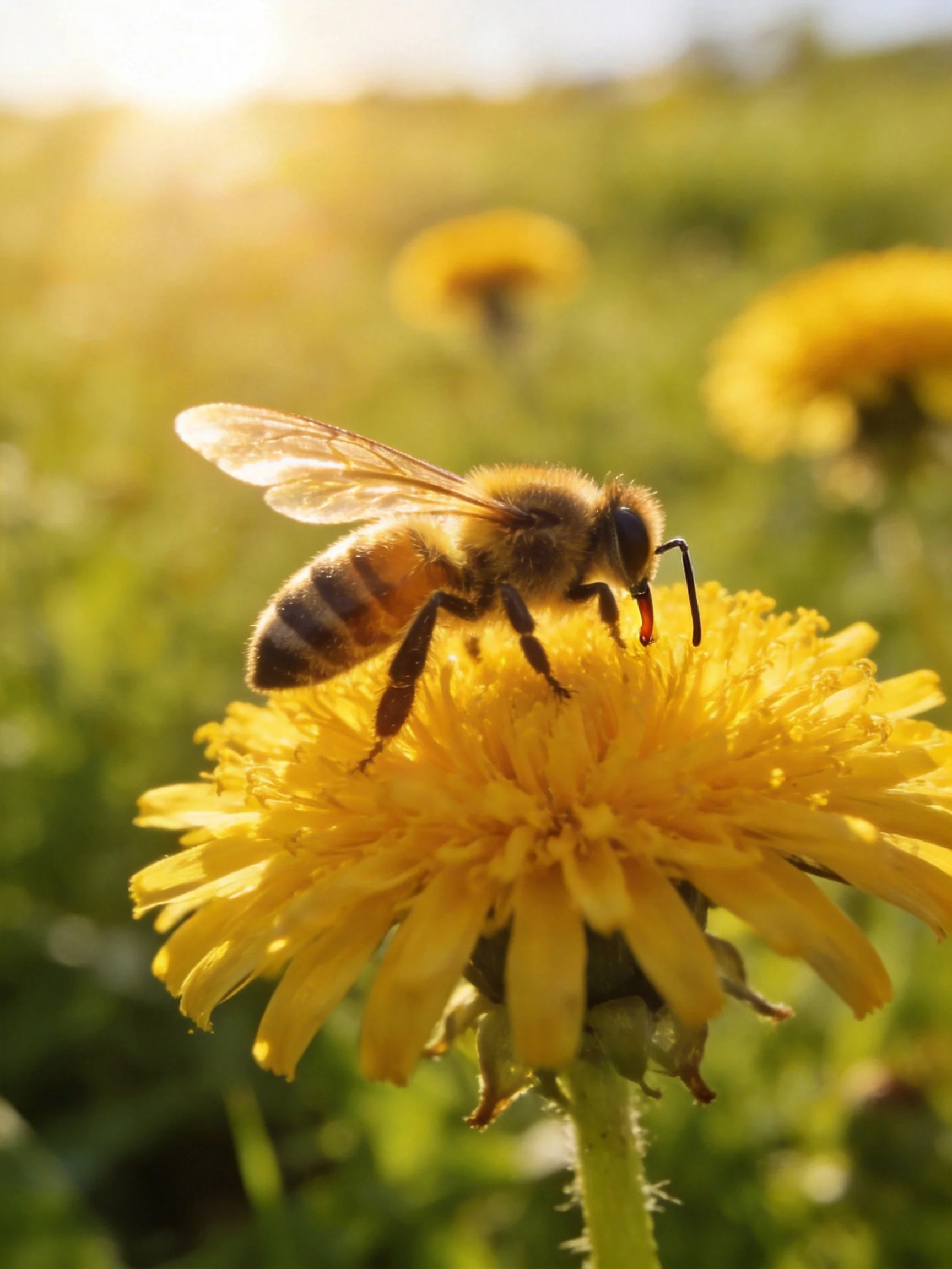 A honeybee collecting nectar from a bright yellow dandelion