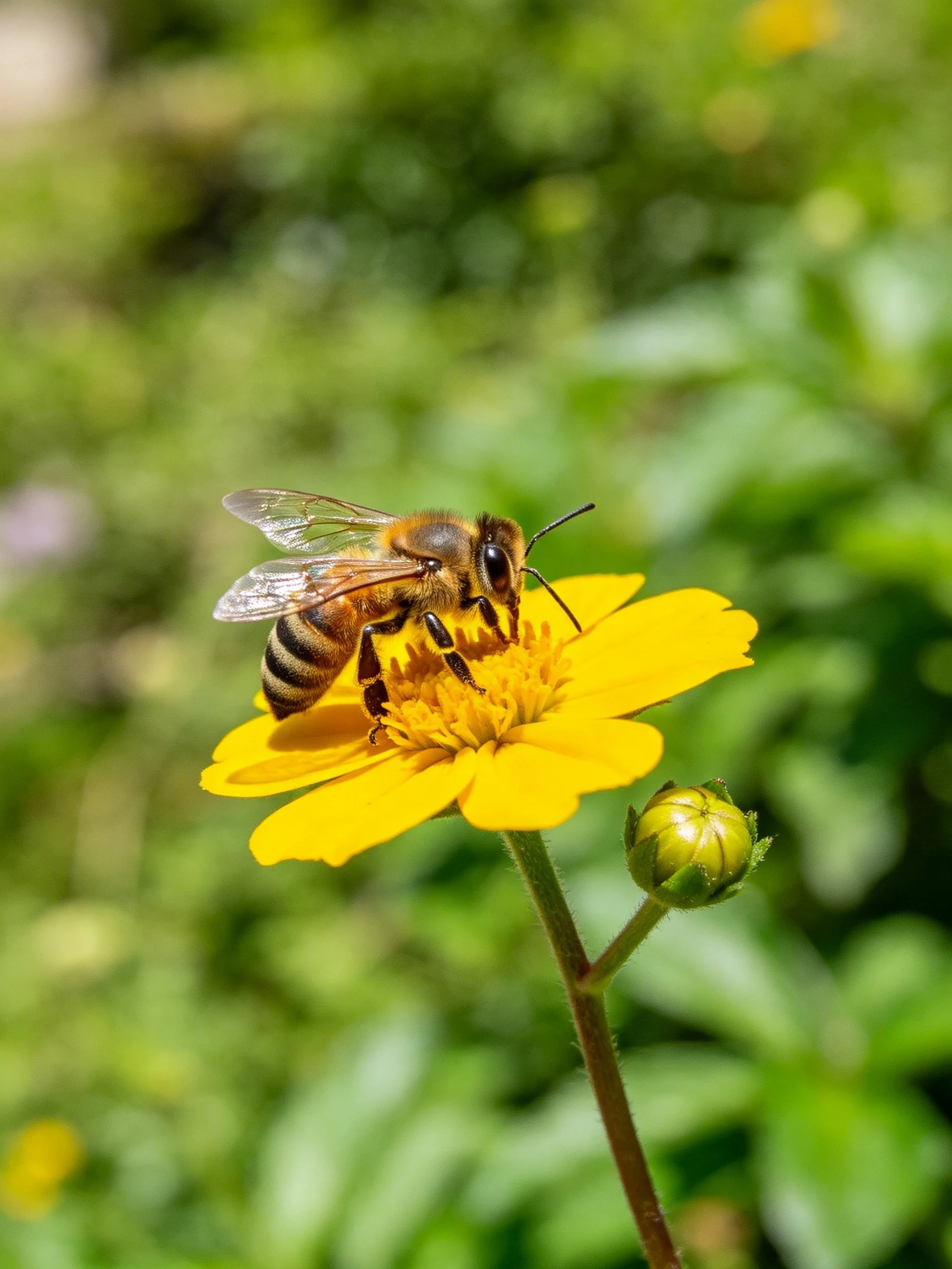 A honeybee collecting nectar from a bright yellow flower