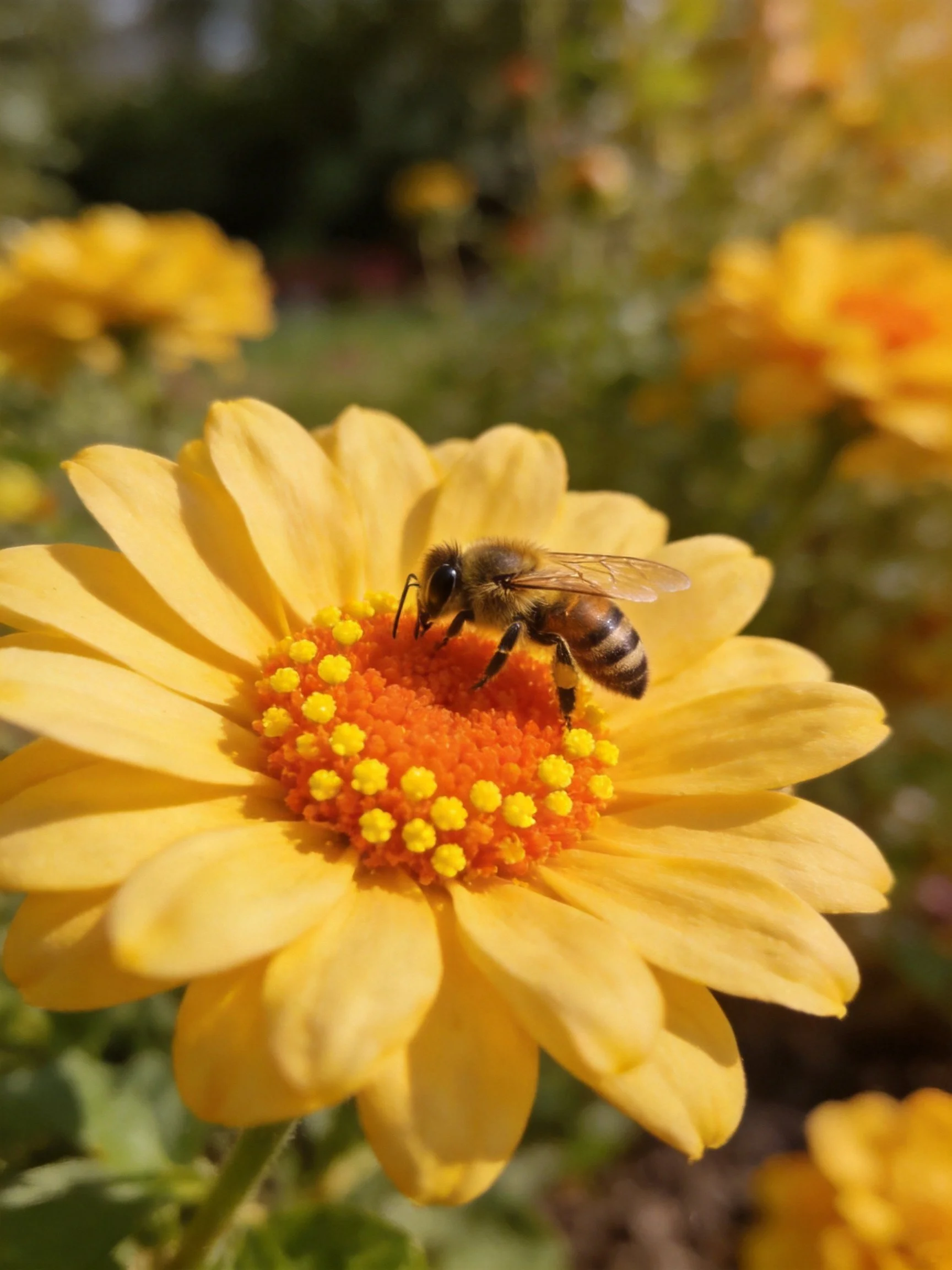 A honeybee collecting nectar from a bright yellow flower