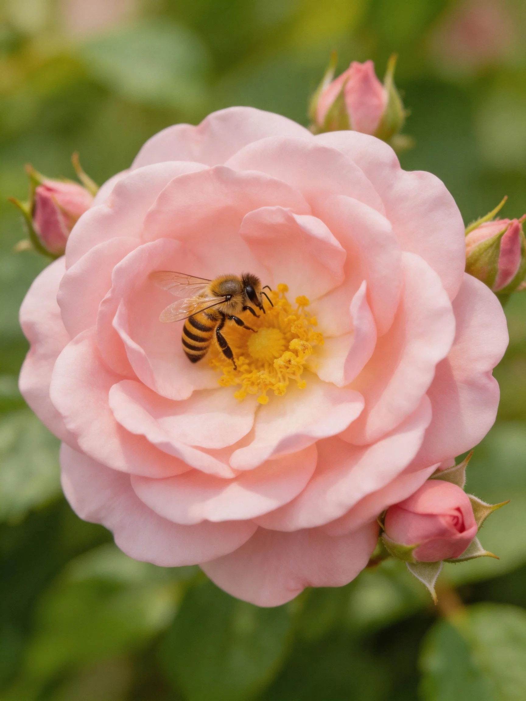 A honeybee collecting nectar from a large pink rose