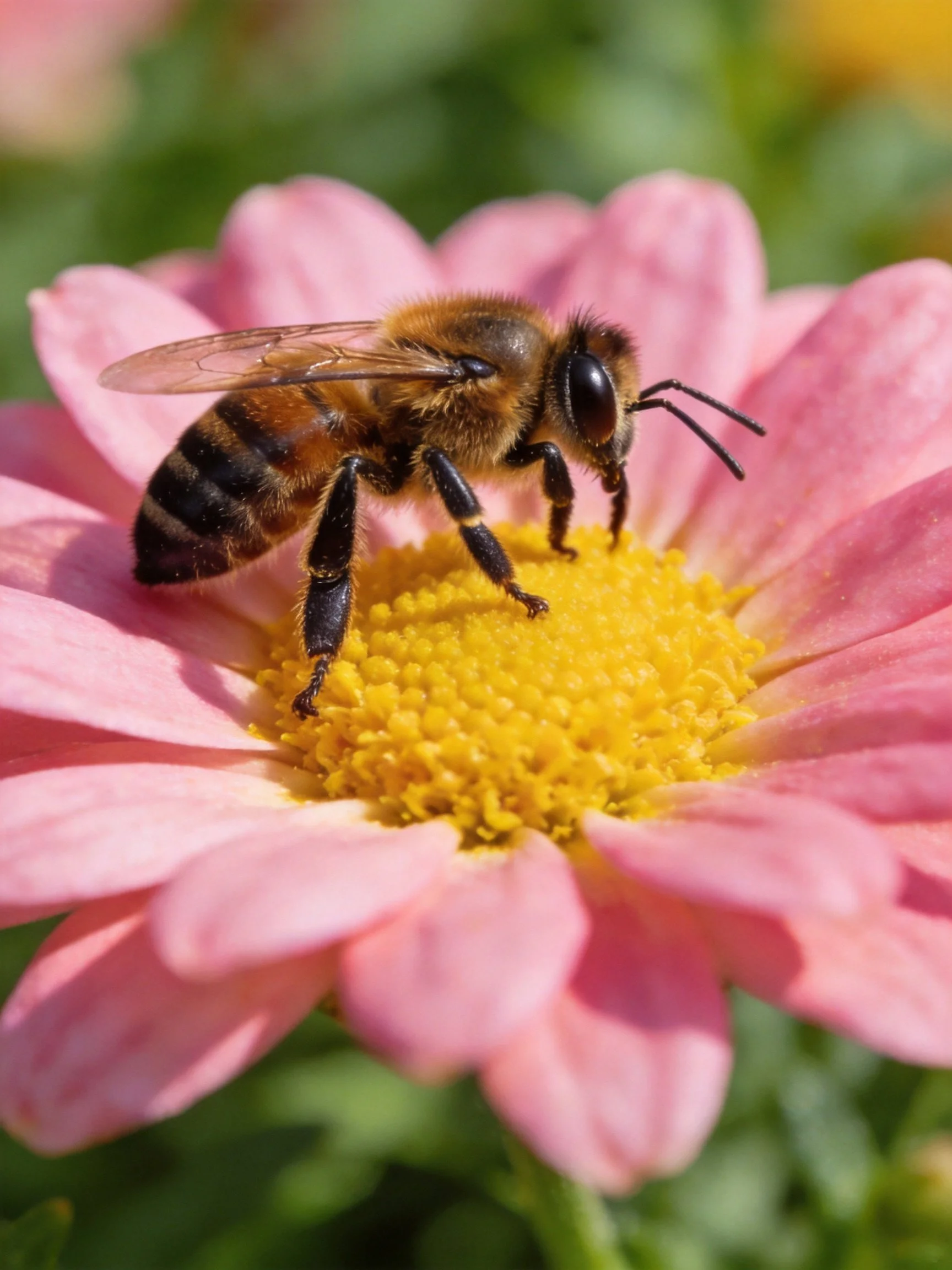 A honeybee collecting nectar from a pink daisy with a yellow center