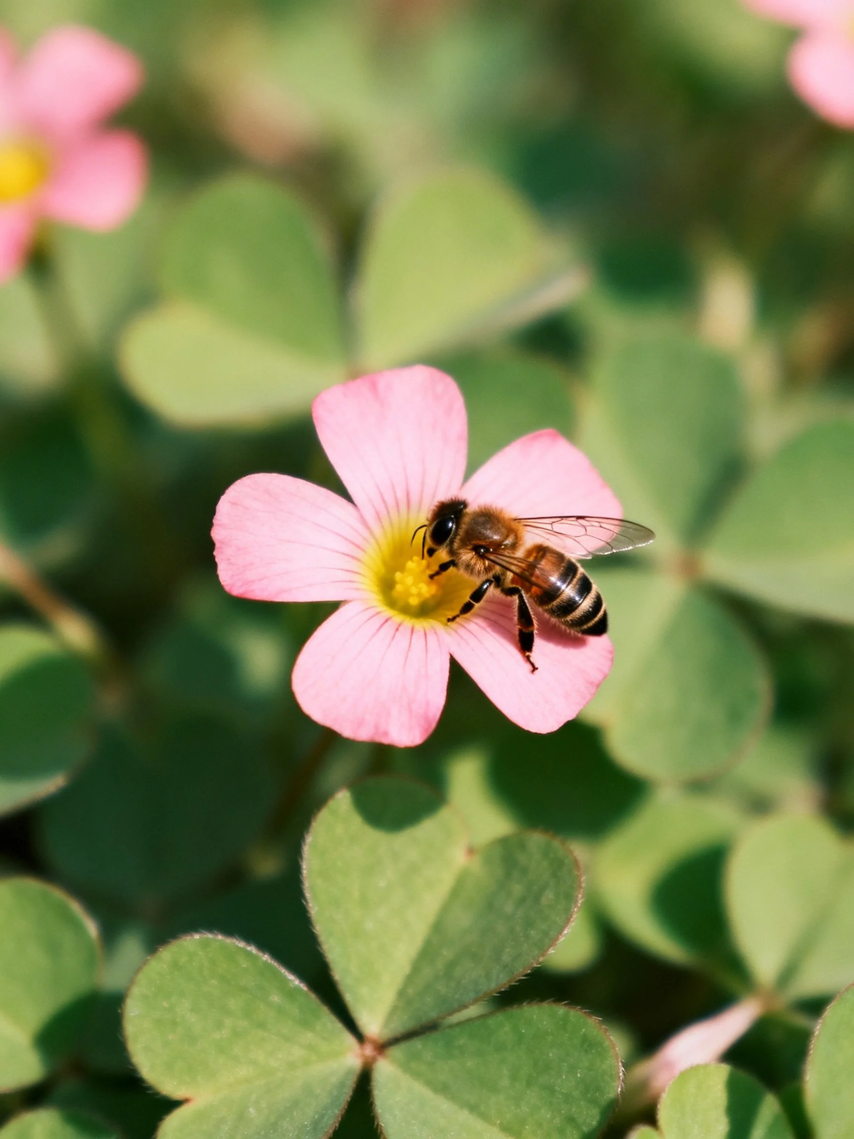 A honeybee collecting nectar from a pink flower amid green clover leaves