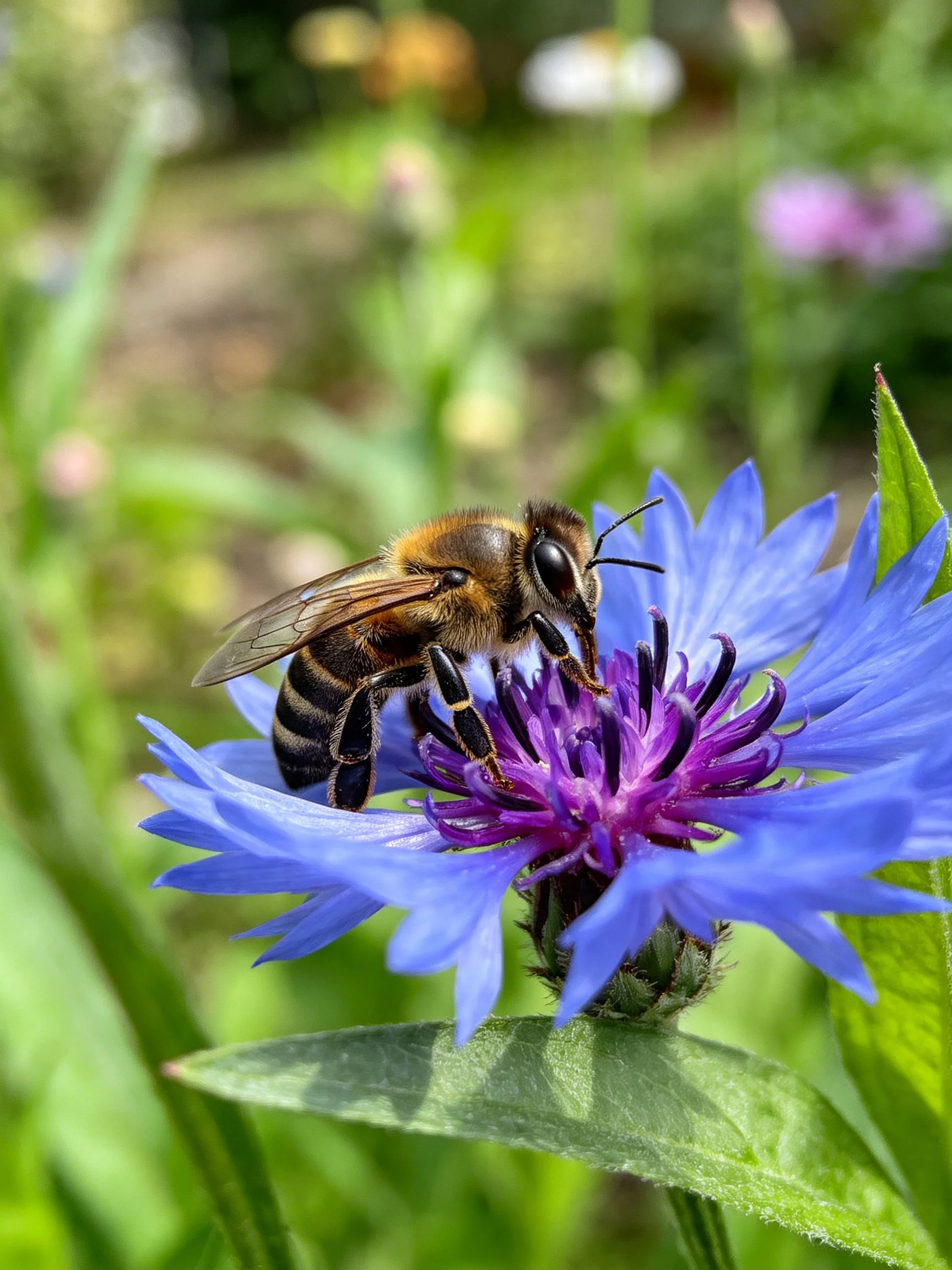 A honeybee collecting nectar from a vibrant blue cornflower