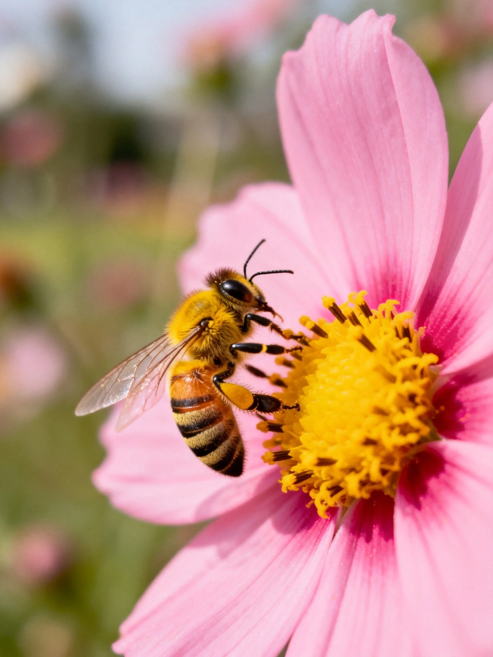 A honeybee collecting nectar from a vibrant pink cosmos flower