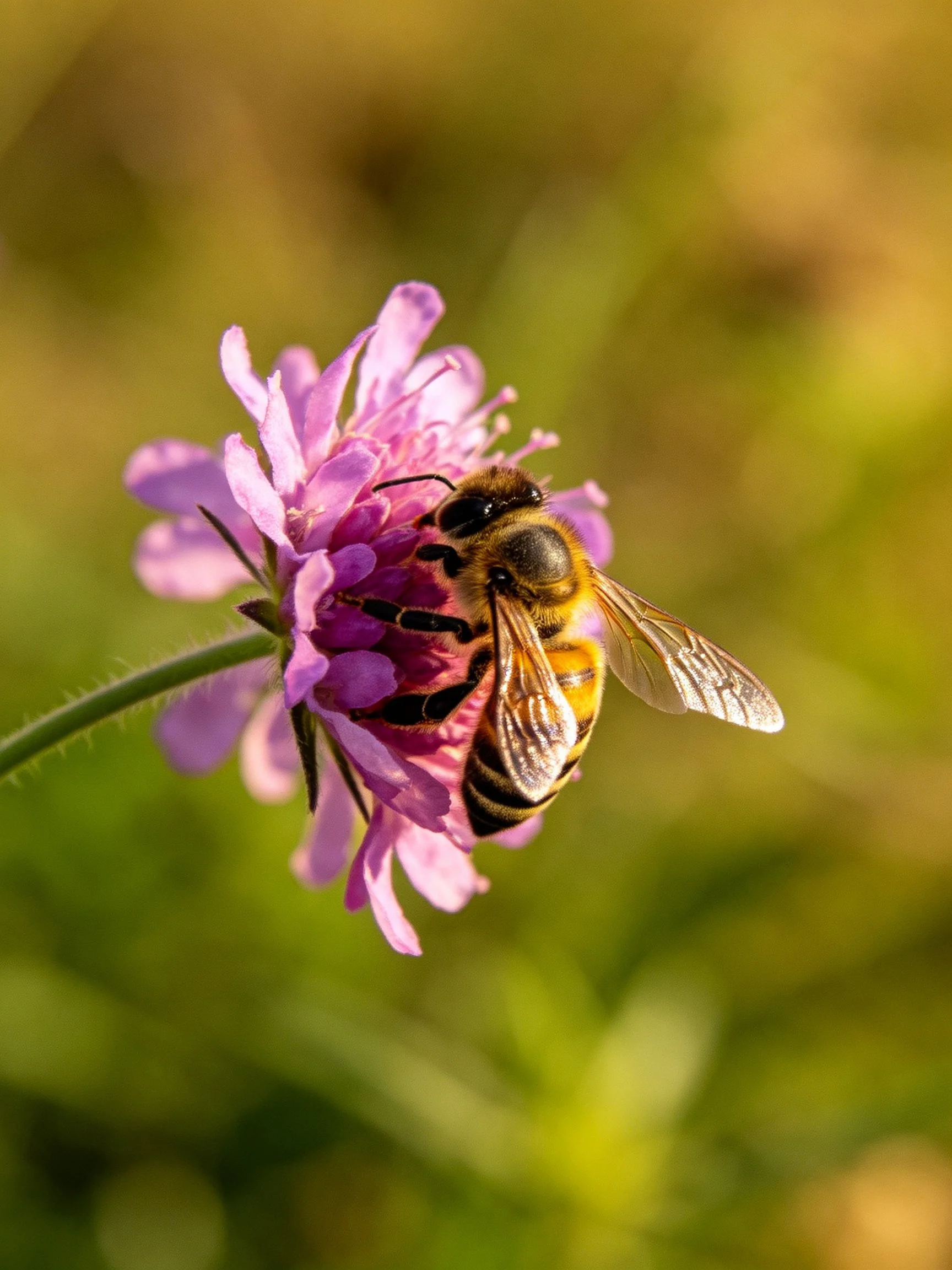 A honeybee collecting nectar from a vibrant pink wildflower