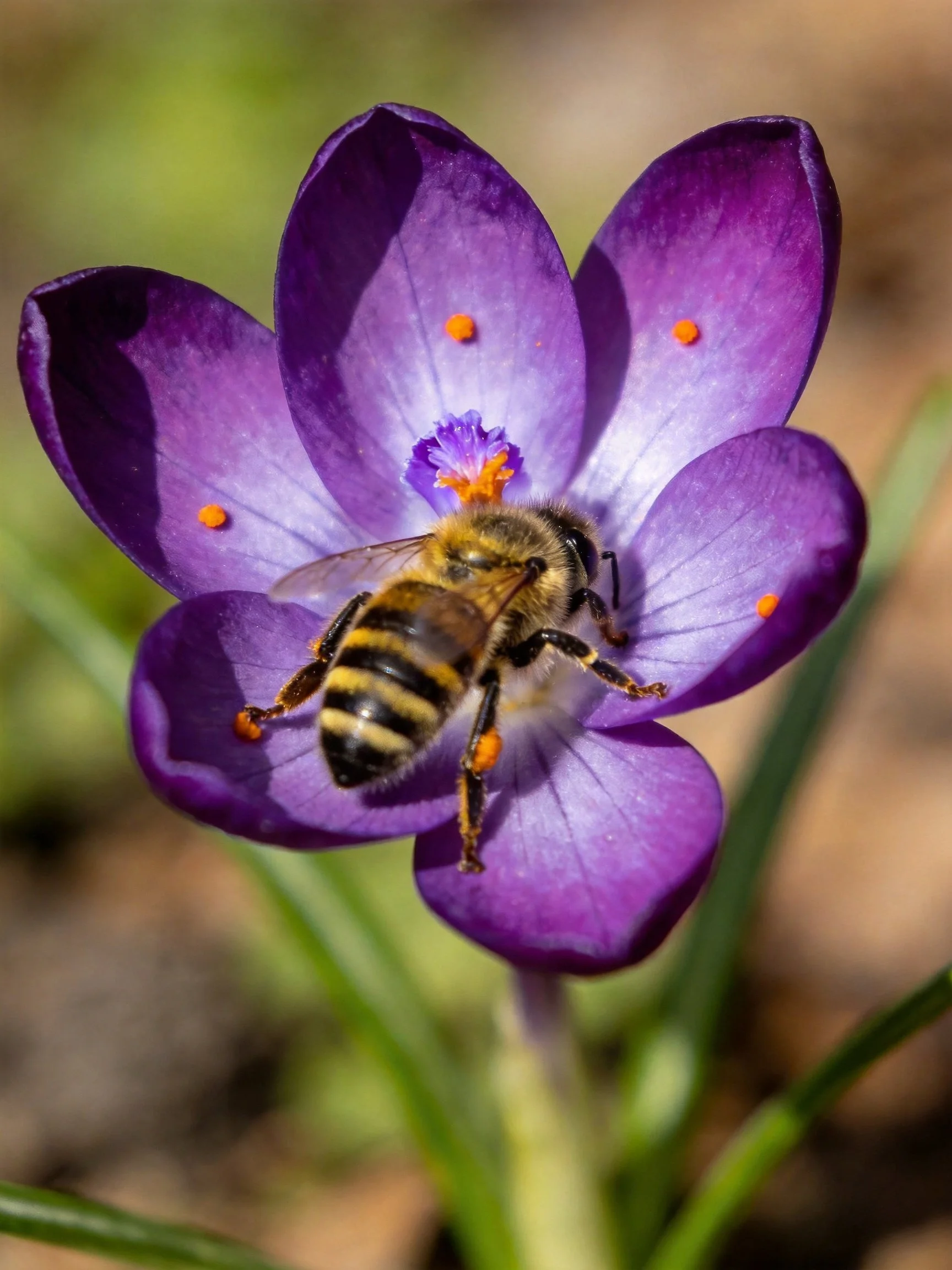 A honeybee collecting nectar from a vibrant purple crocus
