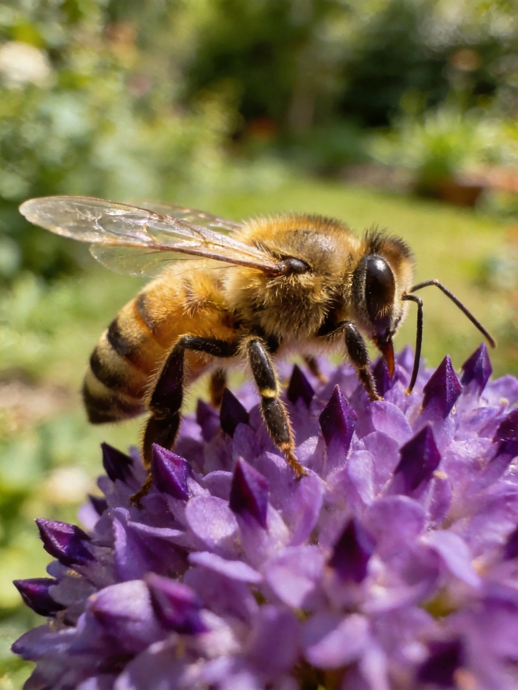 A honeybee collecting nectar from a vibrant purple flower