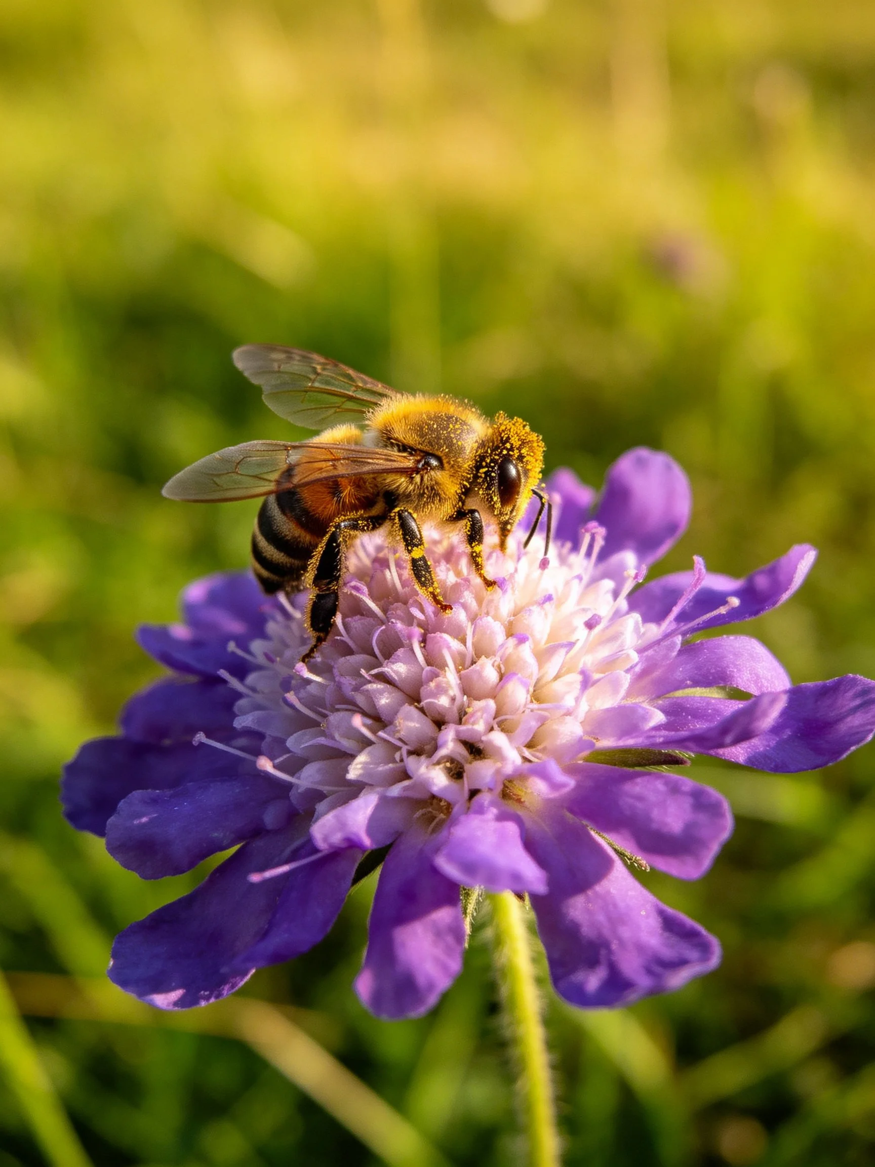 A honeybee collecting nectar from a vibrant purple flower