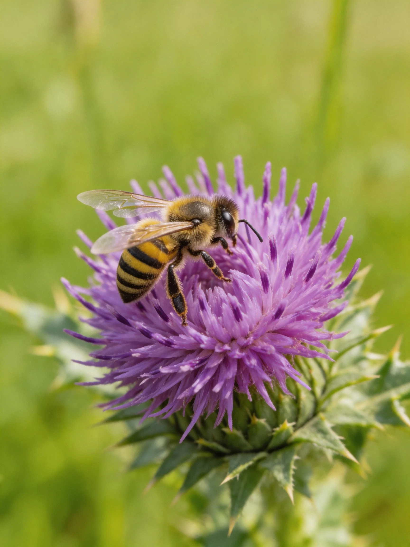 A honeybee collecting nectar from a vibrant purple thistle