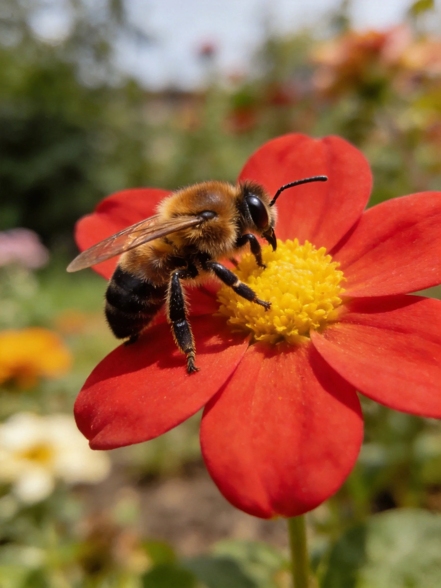 A honeybee collecting nectar from a vibrant red flower