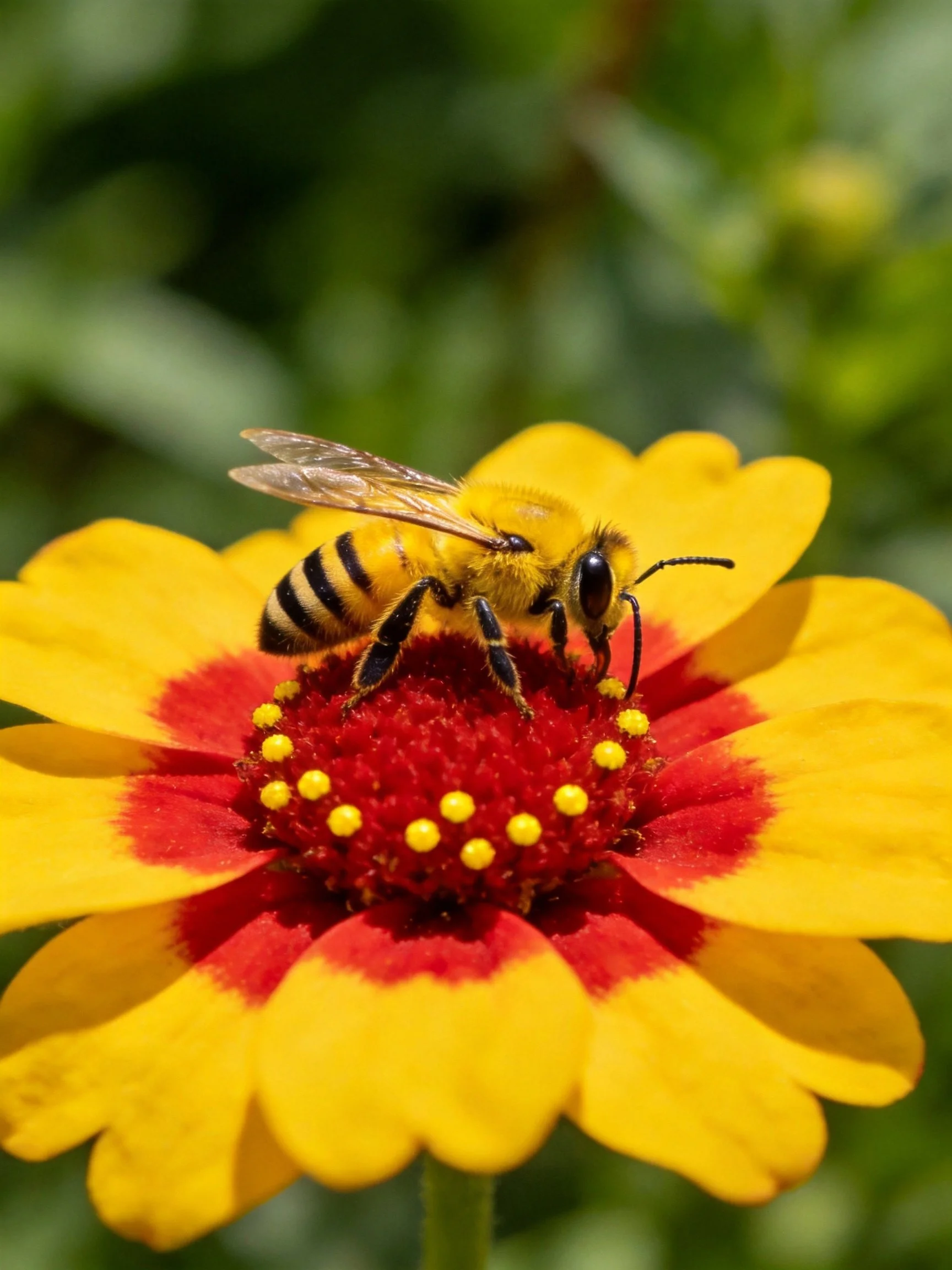 A honeybee collecting nectar from a vibrant yellow and red flower