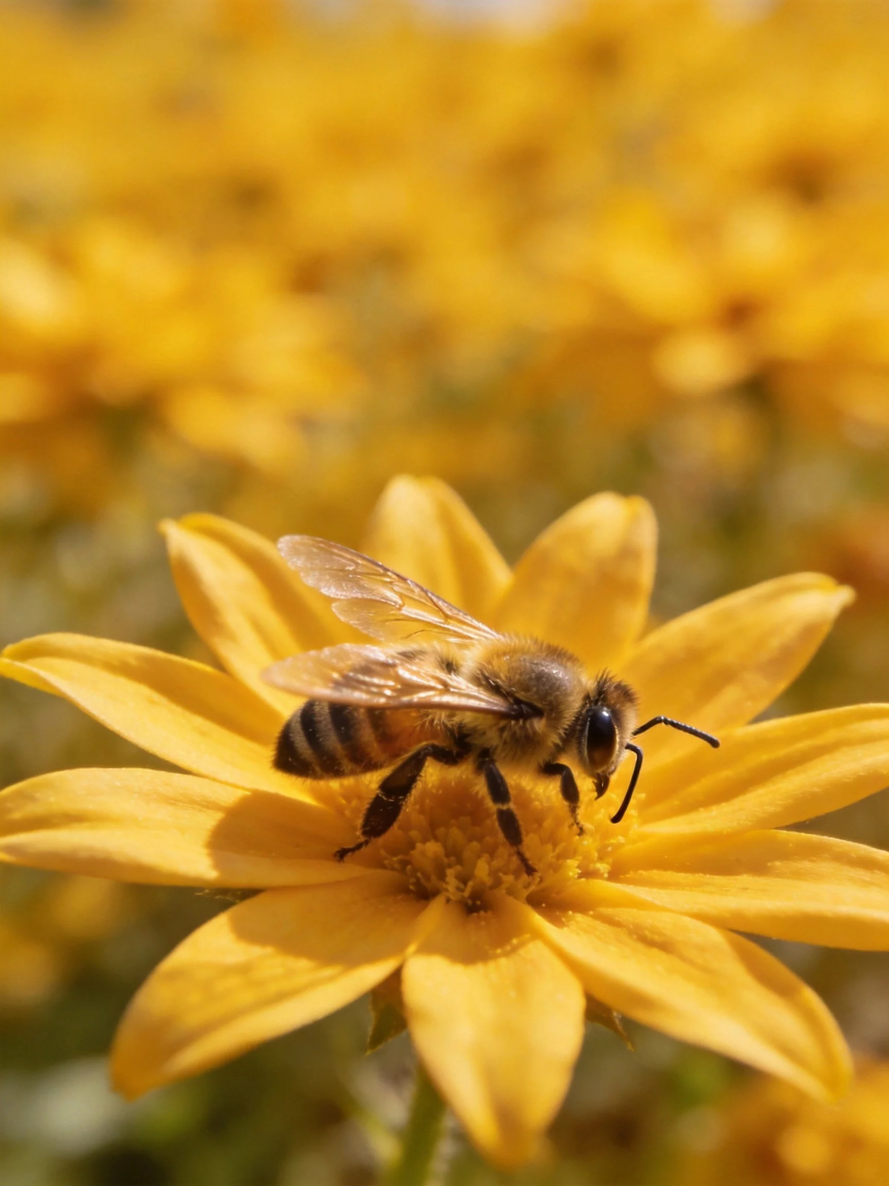 A honeybee collecting nectar from a vibrant yellow flower
