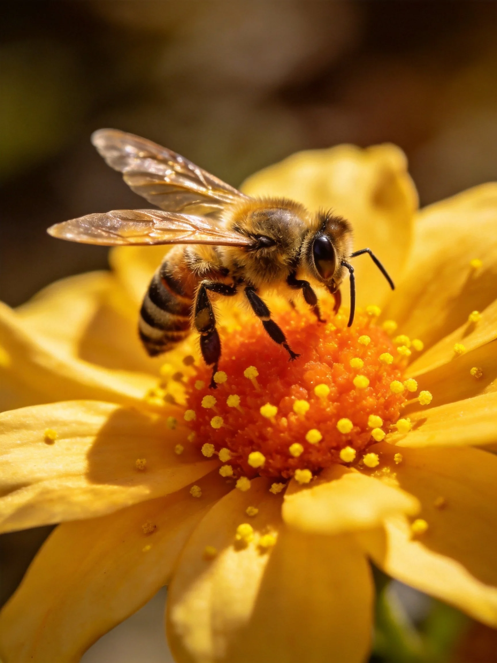 A honeybee collecting nectar from a vibrant yellow flower