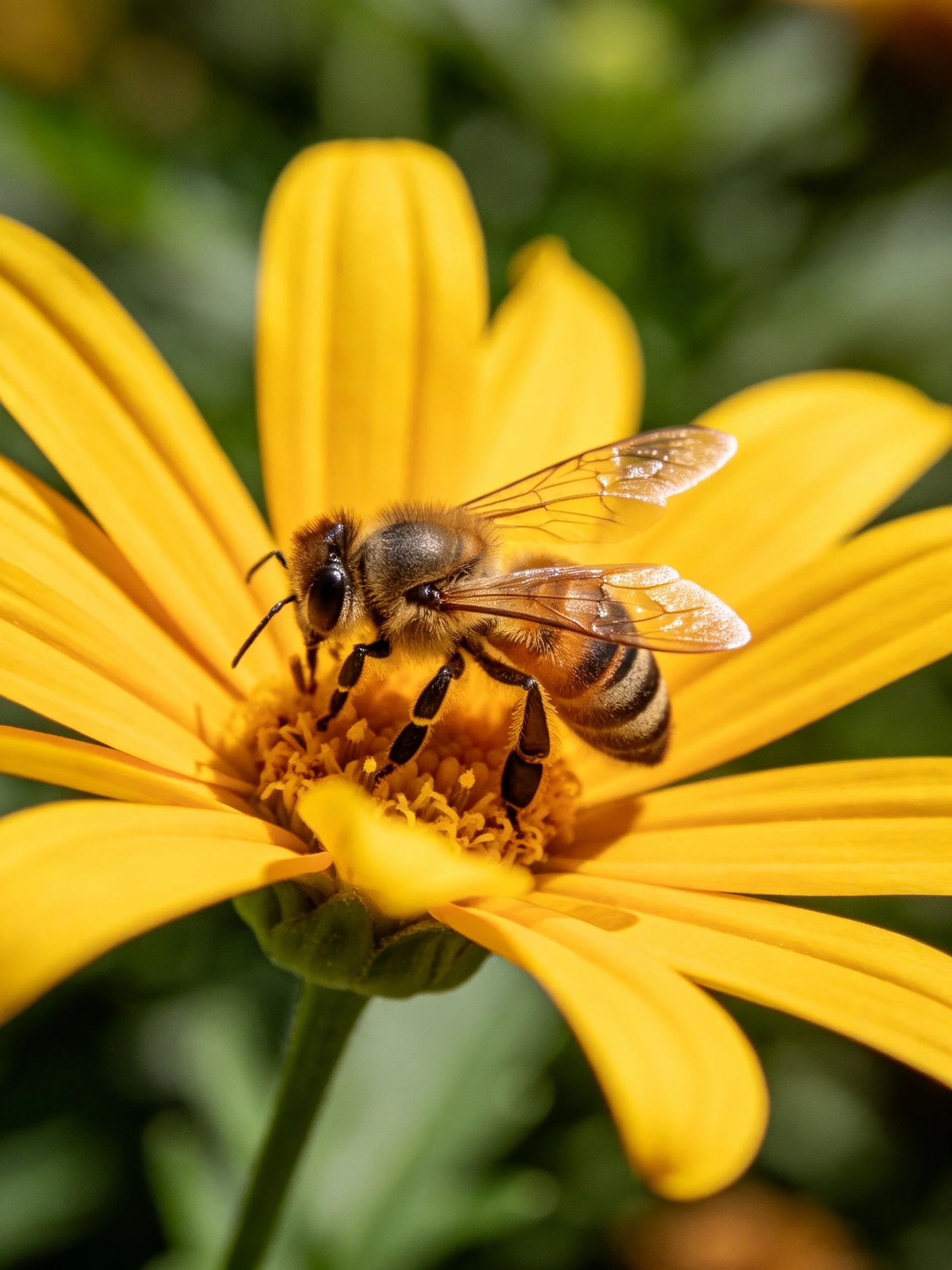 A honeybee collecting nectar from a vibrant yellow flower