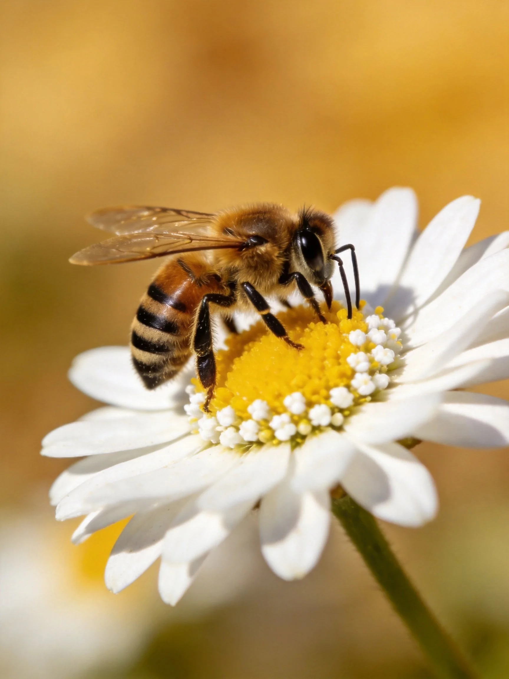 A honeybee collecting nectar from a white daisy with a yellow center