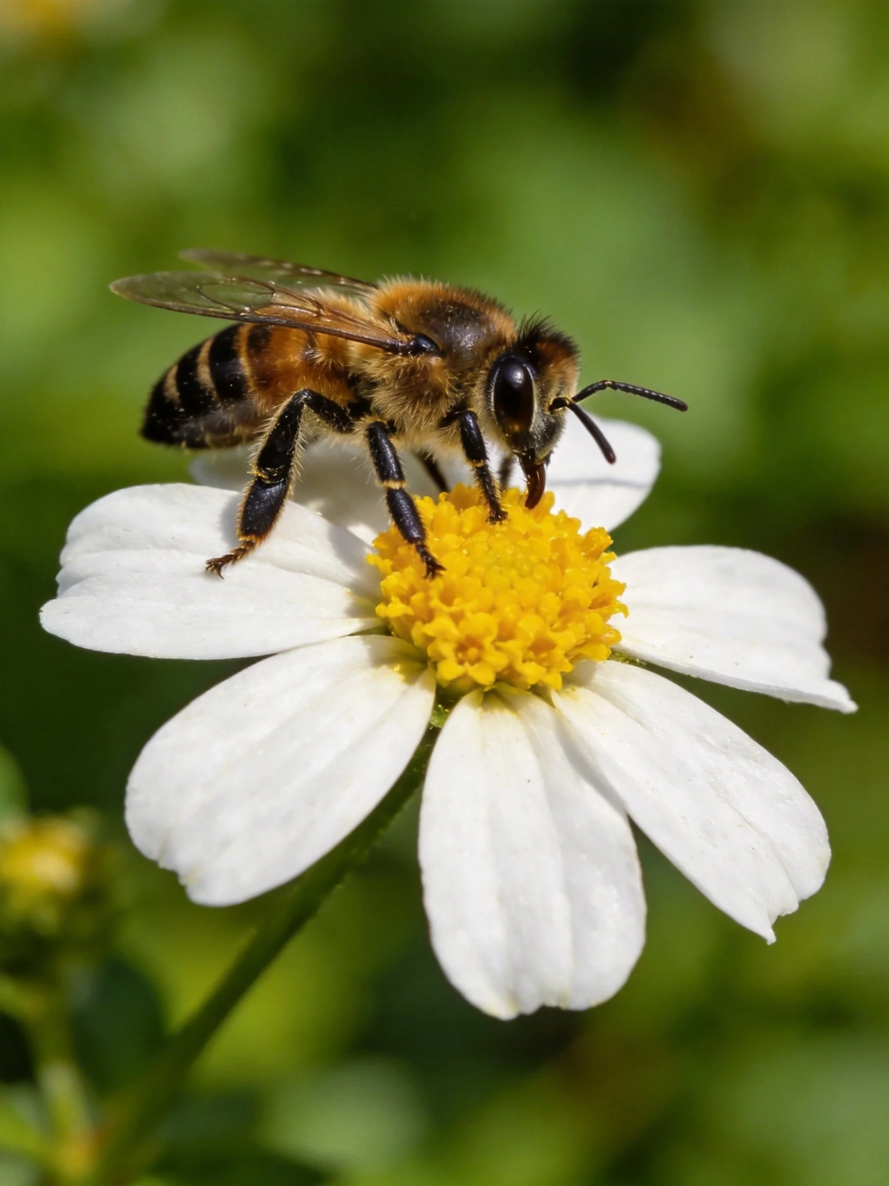 A honeybee collecting nectar from a white-fletaled flower