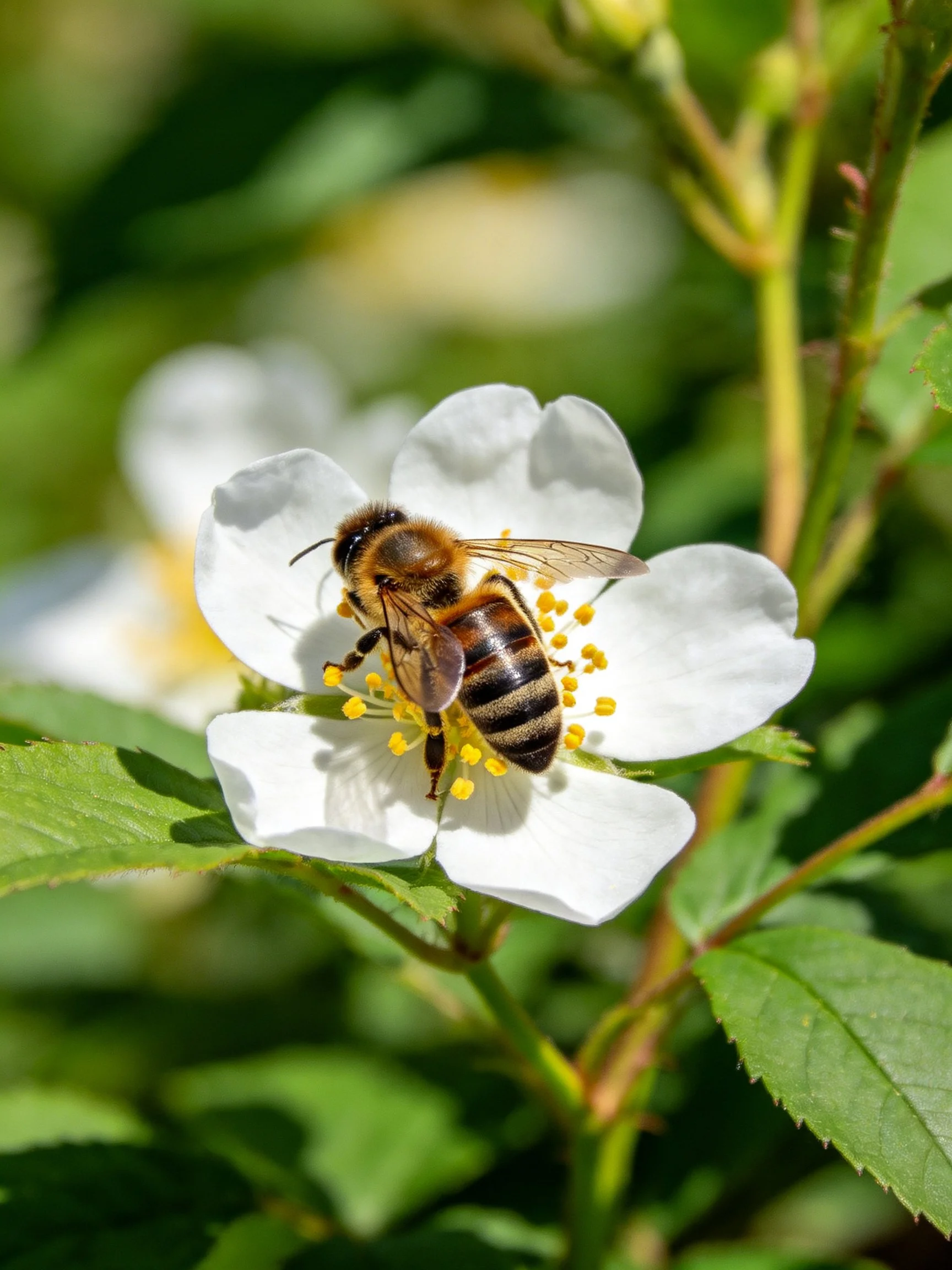 A honeybee collecting nectar from a white flower with yellow stamens