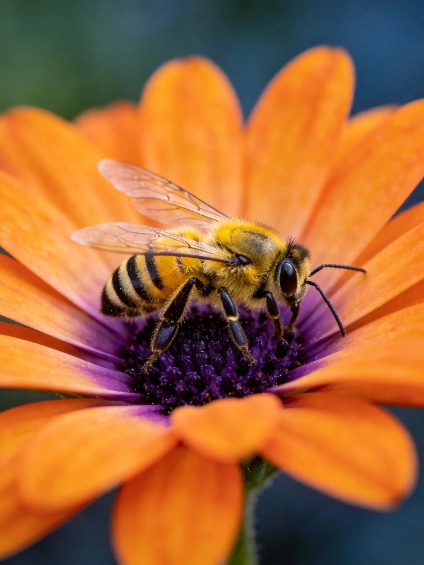 A honeybee collecting nectar from an orange flower