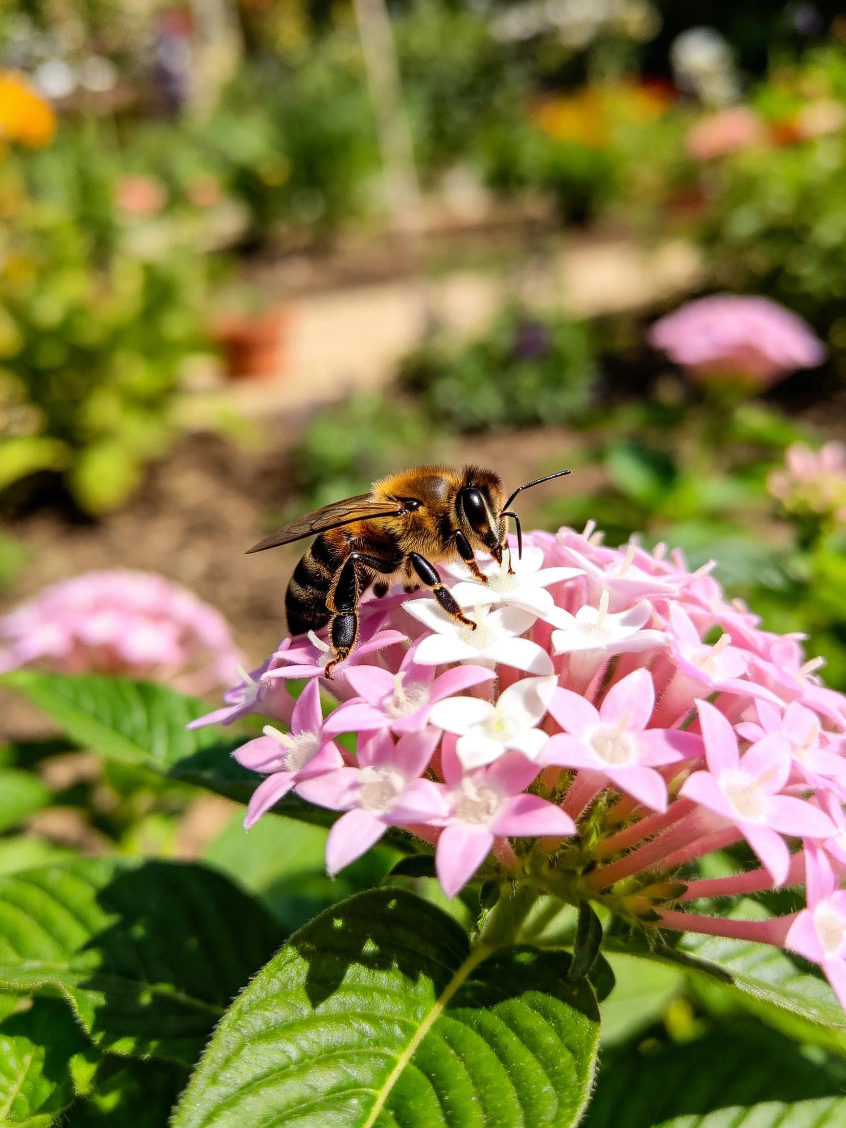 A honeybee collecting nectar from pink and white clustered flowers