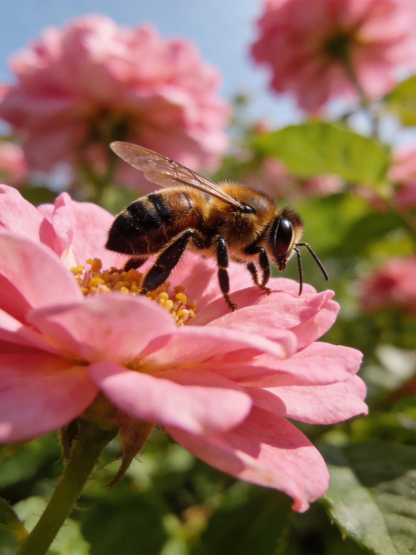 A honeybee collecting nectar from vibrant pink roses