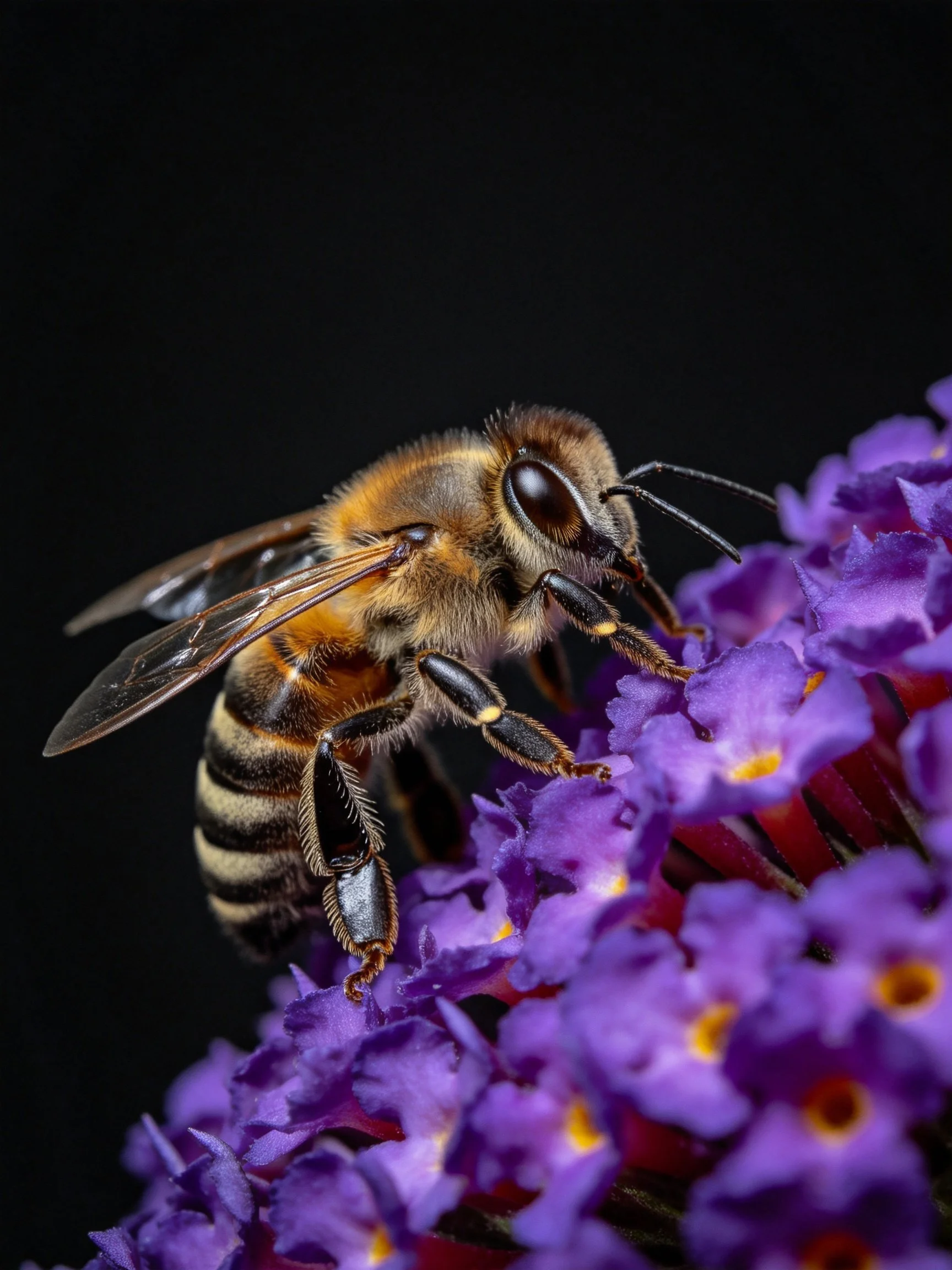 A honeybee collecting nectar from vibrant purple blooms