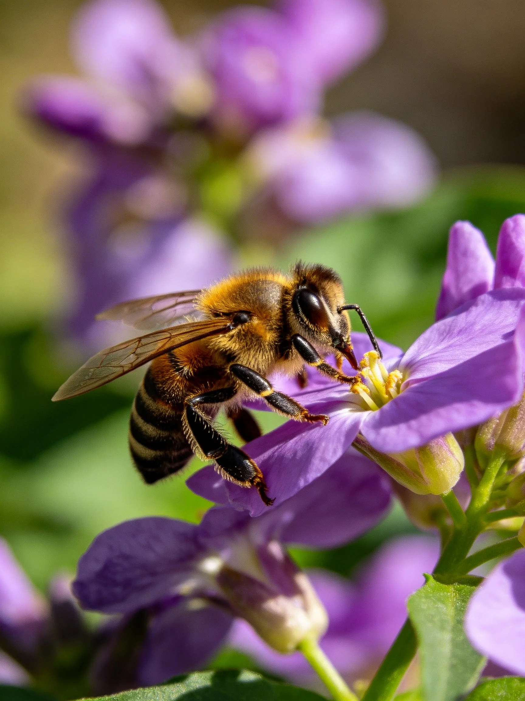A honeybee collecting nectar from vibrant purple blooms