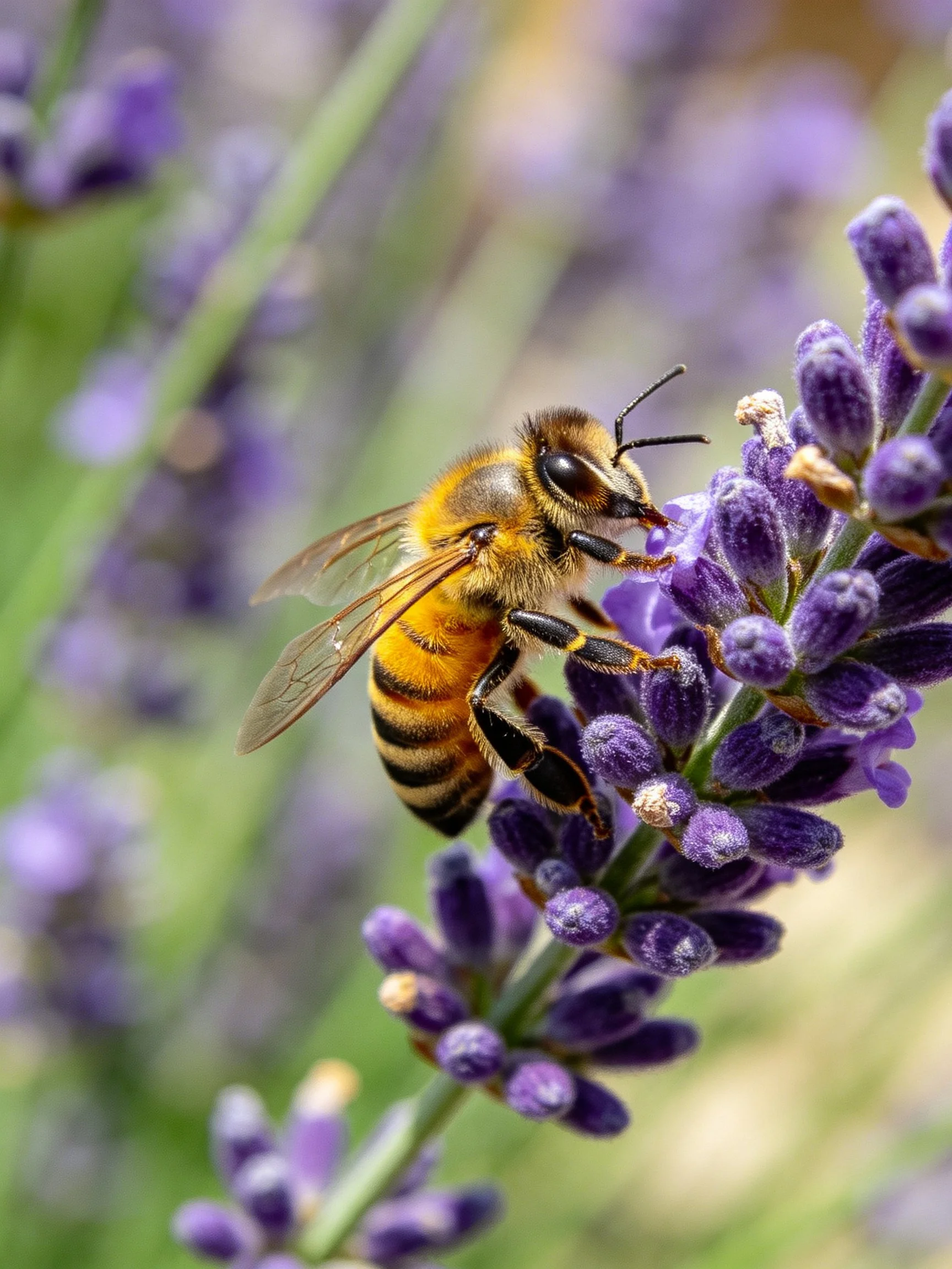 A honeybee collecting nectar from vibrant purple lavender blooms