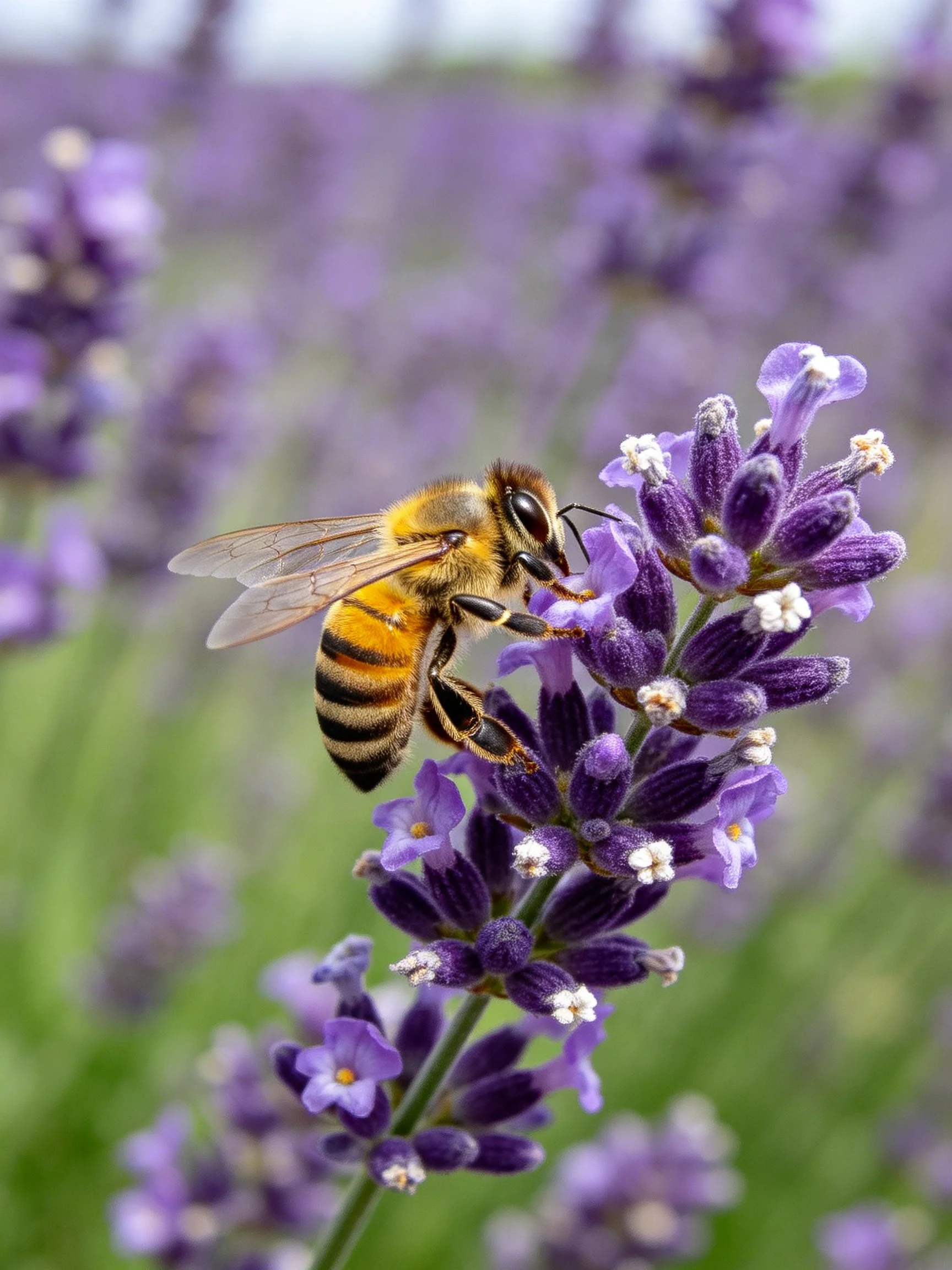 A honeybee collecting nectar from vibrant purple lavender blooms