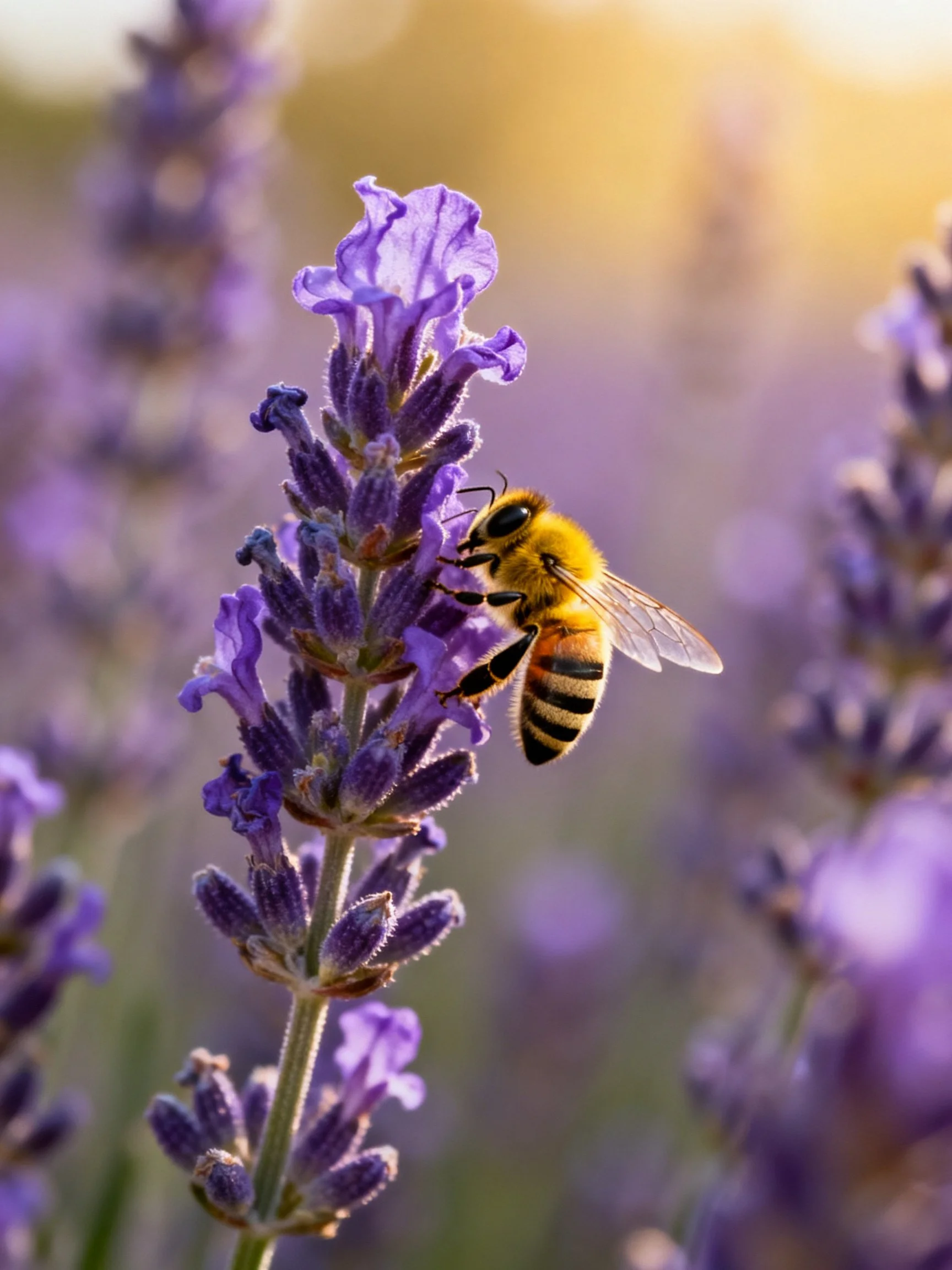 A honeybee collecting nectar from vibrant purple lavender blooms
