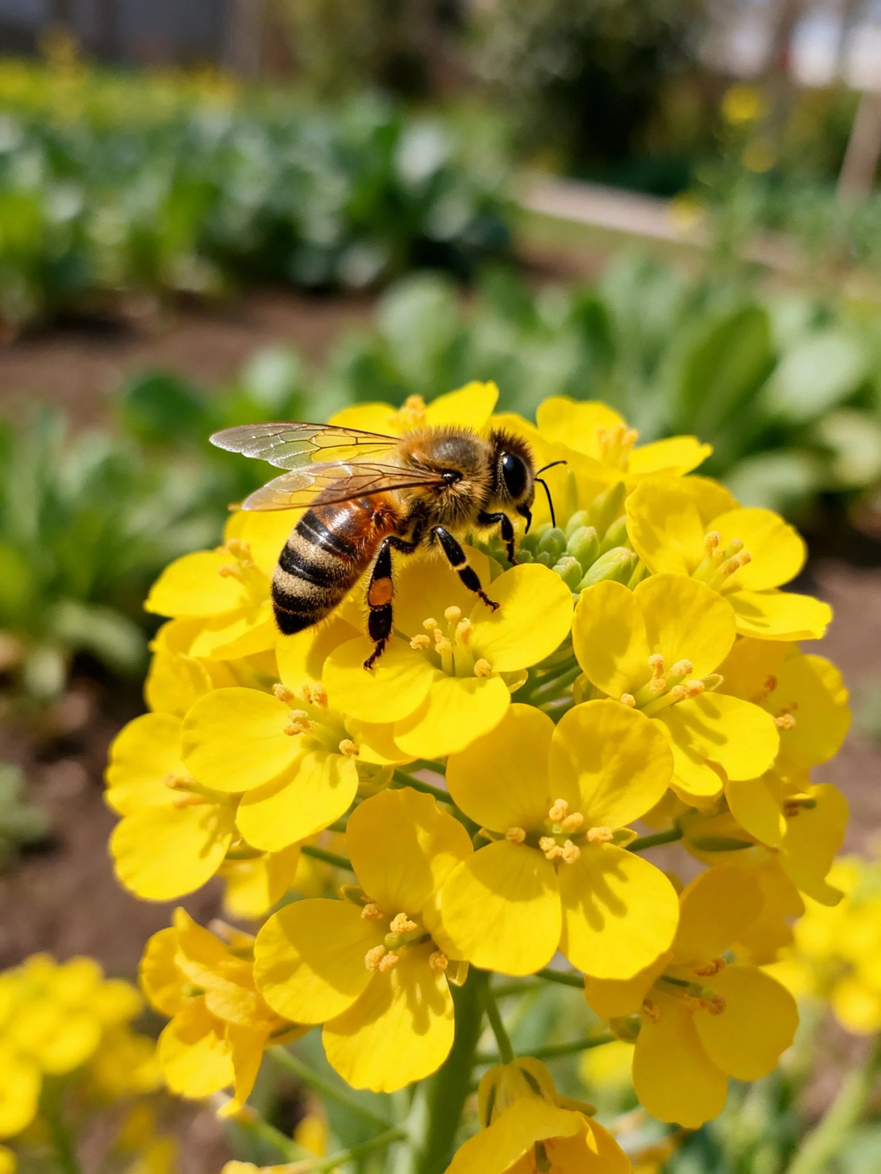 A honeybee collecting nectar from vibrant yellow blooms