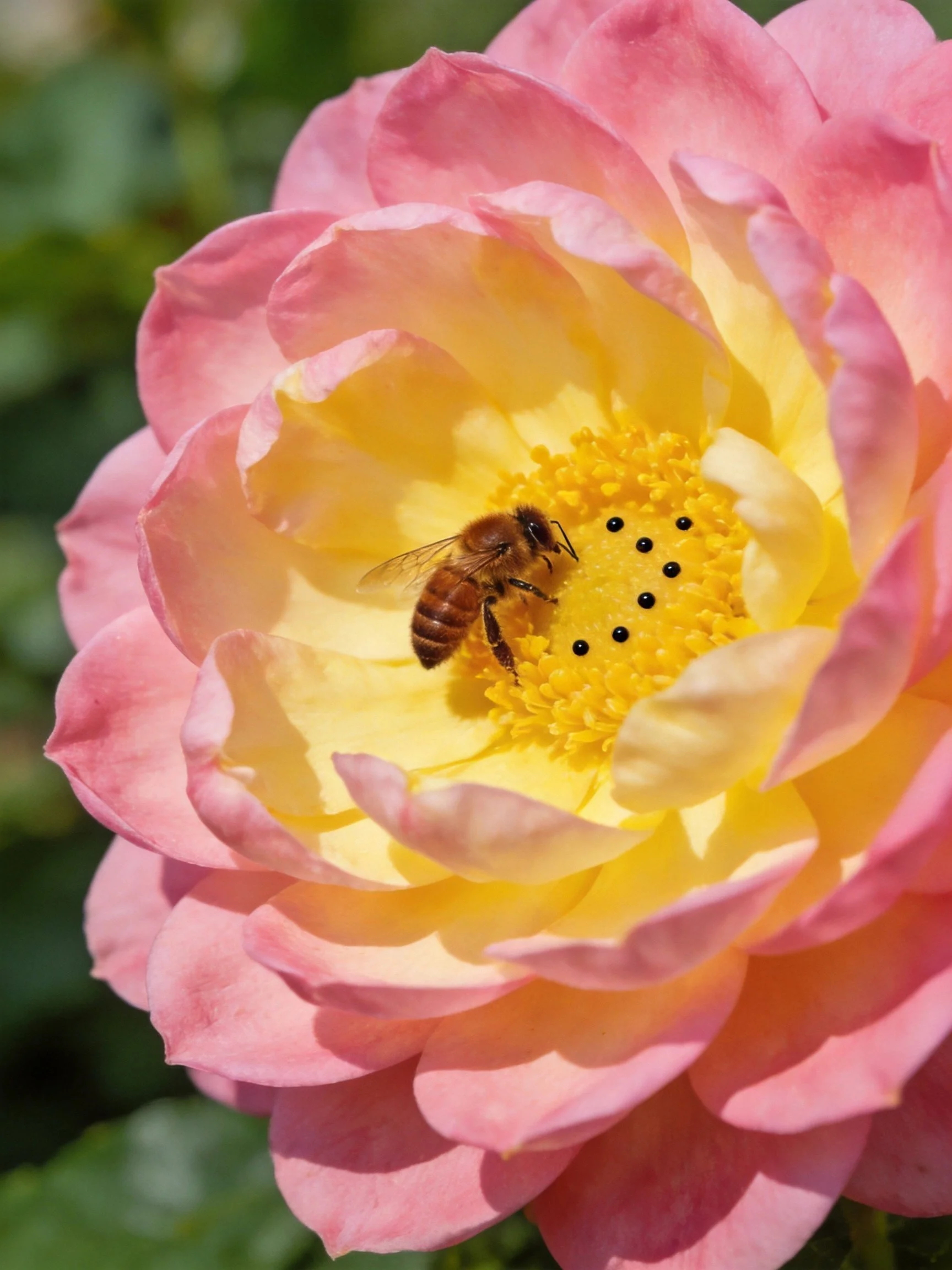 A honeybee collecting pollen from a pink and yellow rose