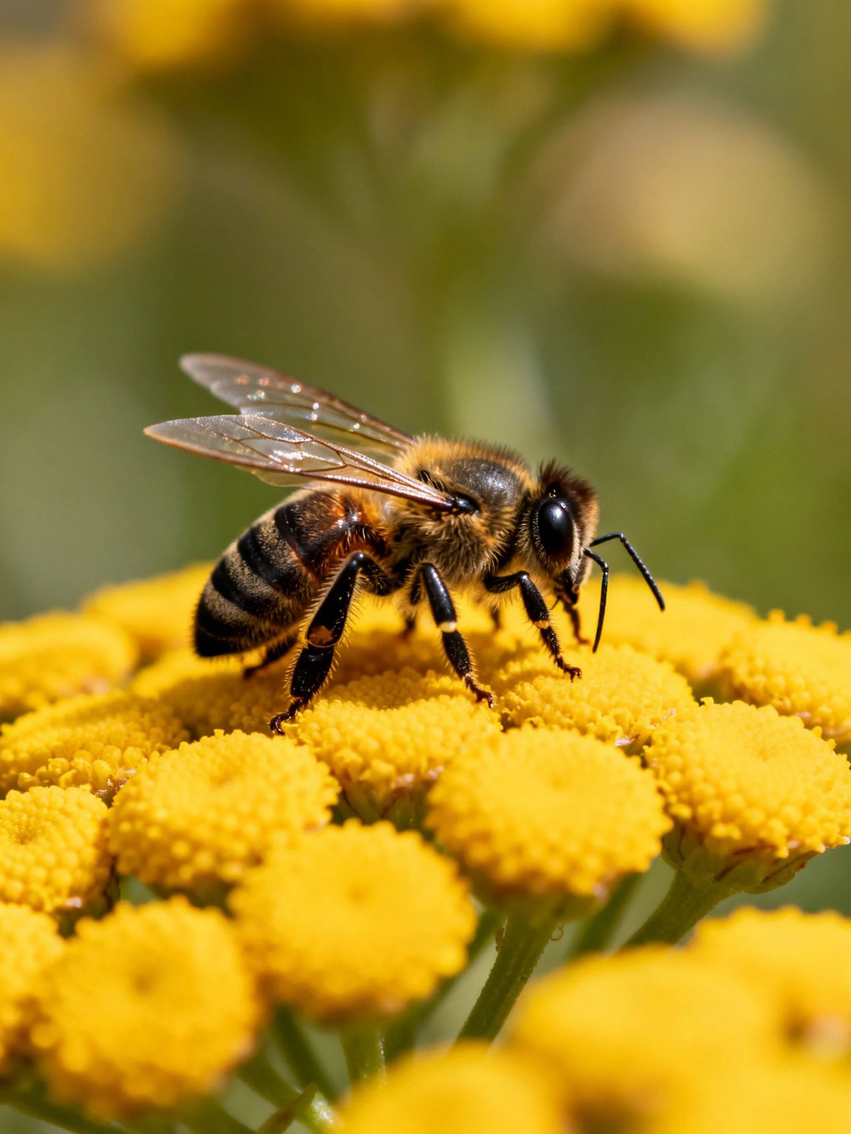 A honeybee collecting pollen from bright yellow clustered flowers