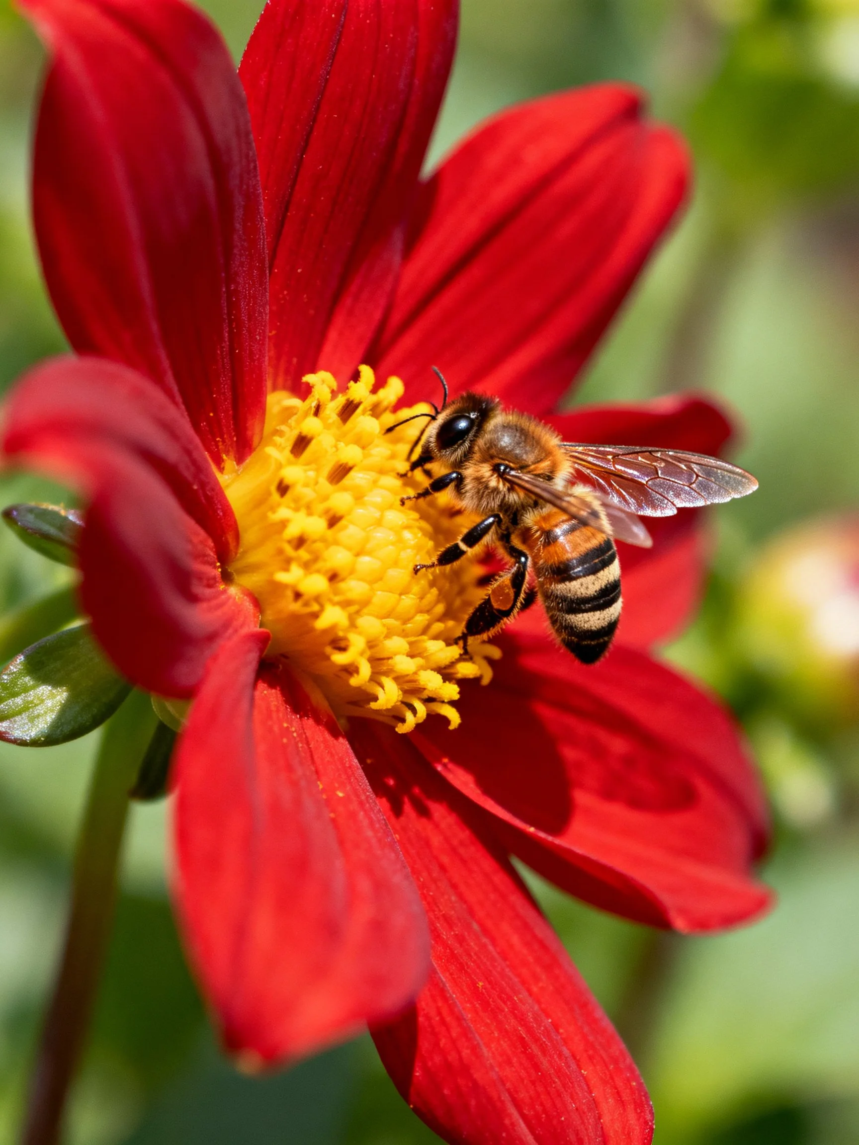 A honeybee collects nectar froma vivid red flower