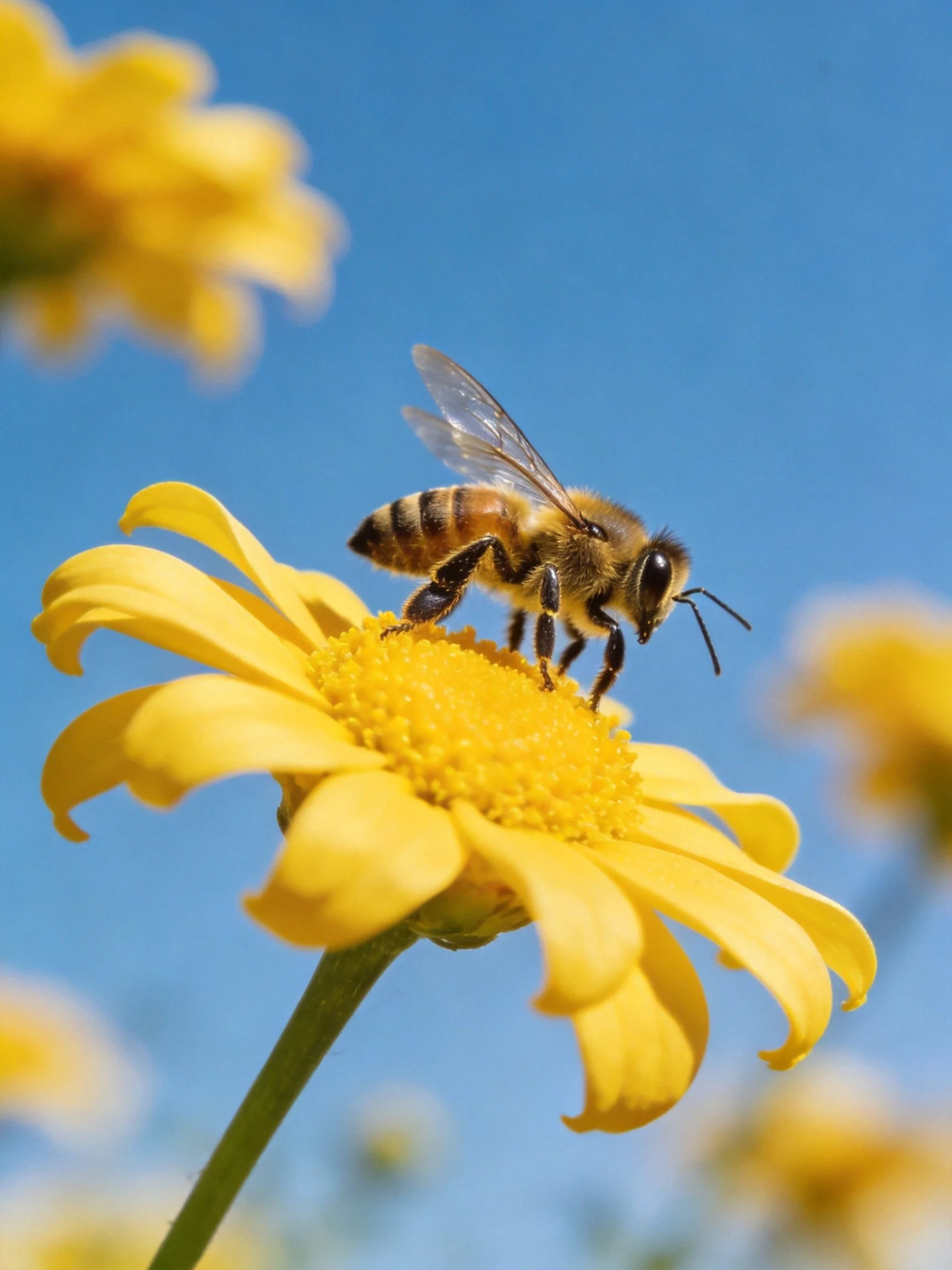 A honeybee gathering nectar from a bright yellow daisy under a clear blue sky
