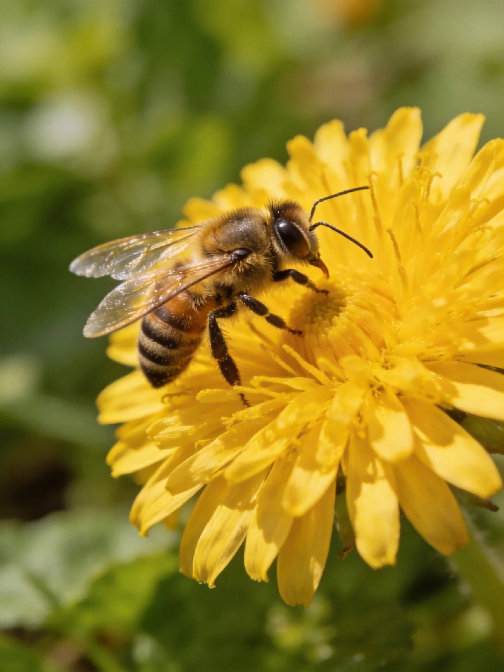 A honeybee gathering nectar from a bright yellow dandelion