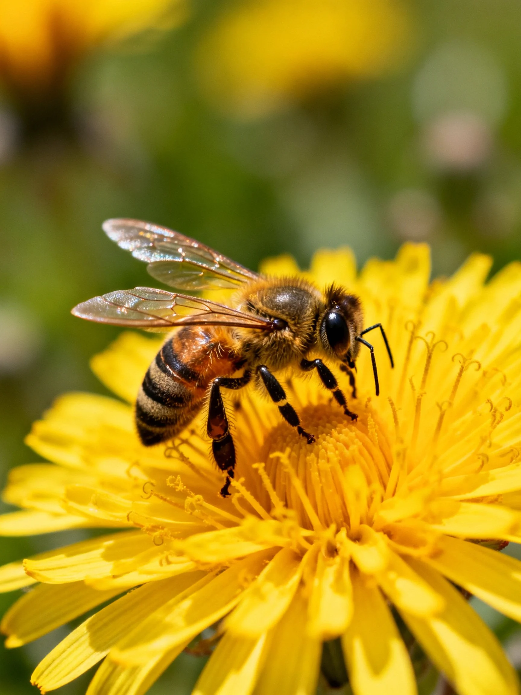 A honeybee gathering nectar from a bright yellow dandelion
