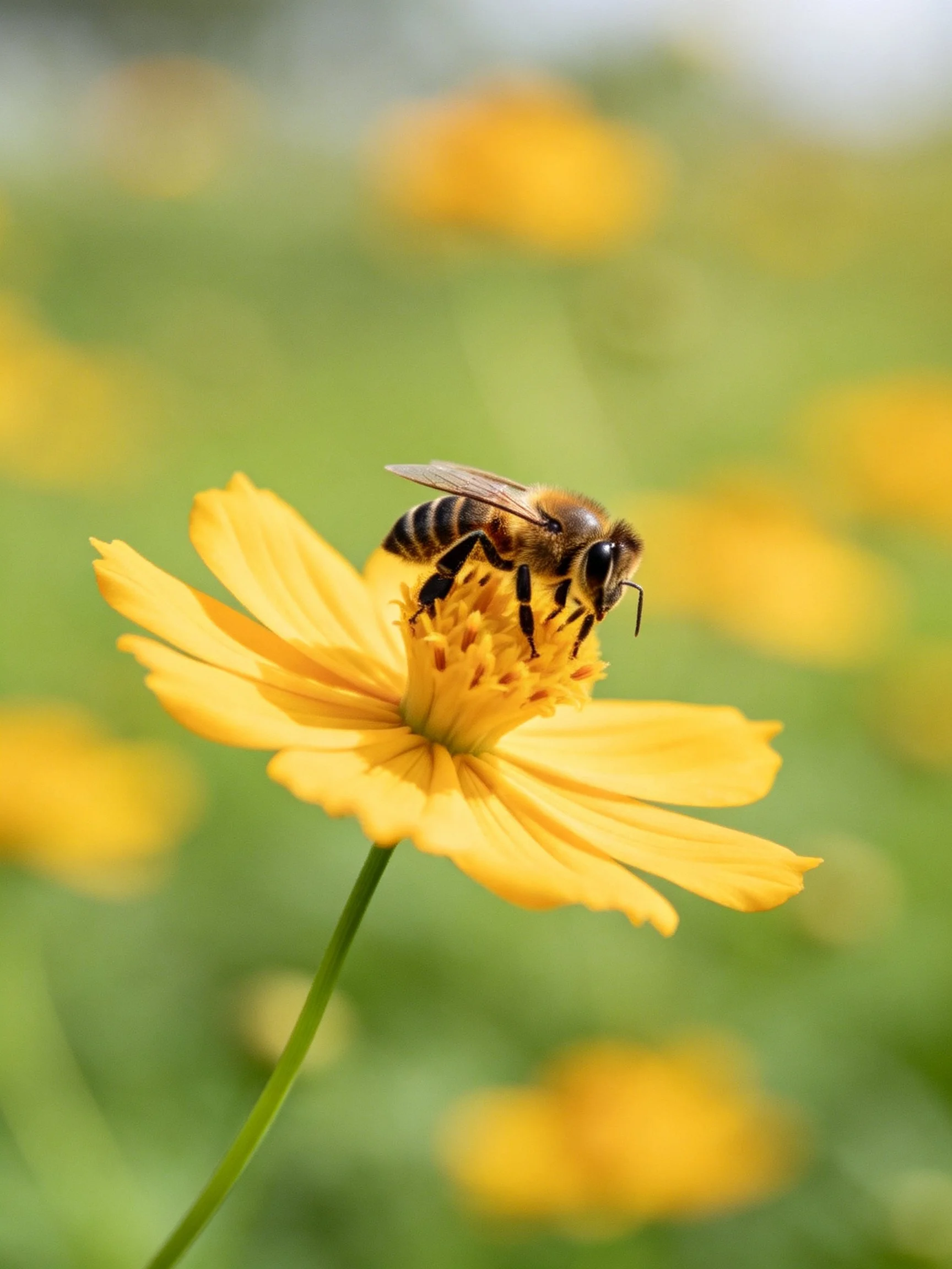 A honeybee gathering nectar from a bright yellow flower