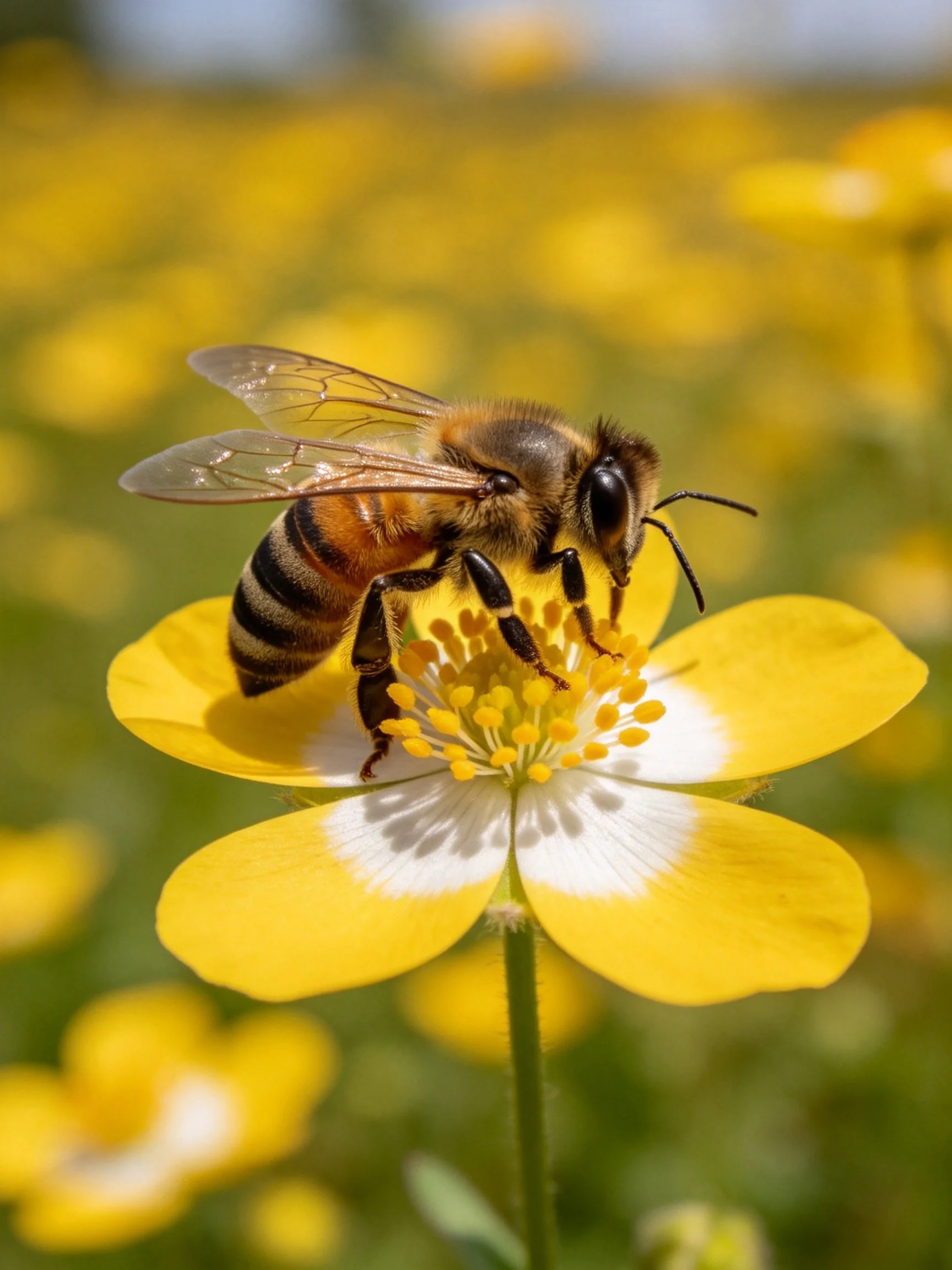 A honeybee gathering nectar from a bright yellow flower
