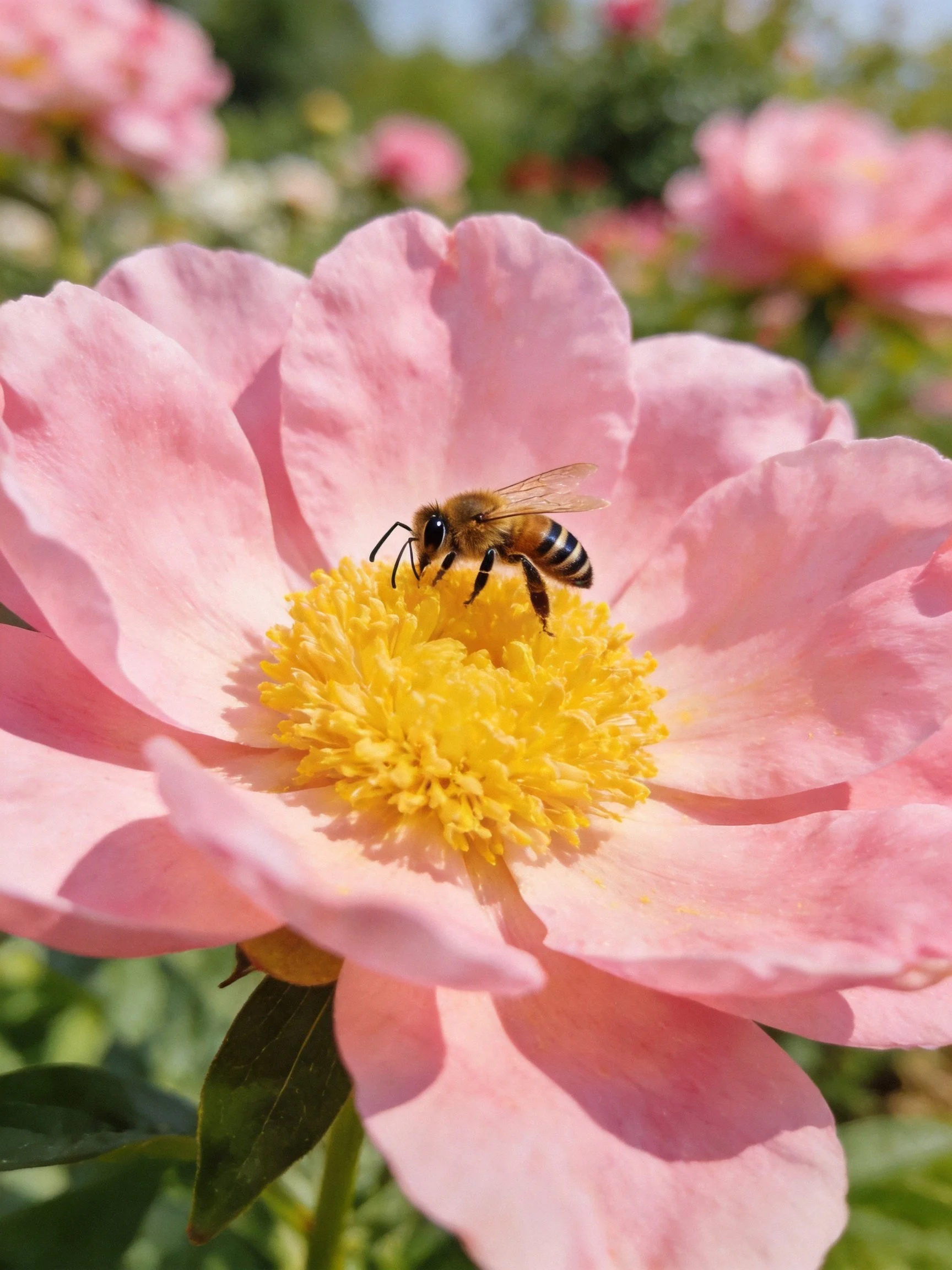 A honeybee gathering nectar from a large pink peony